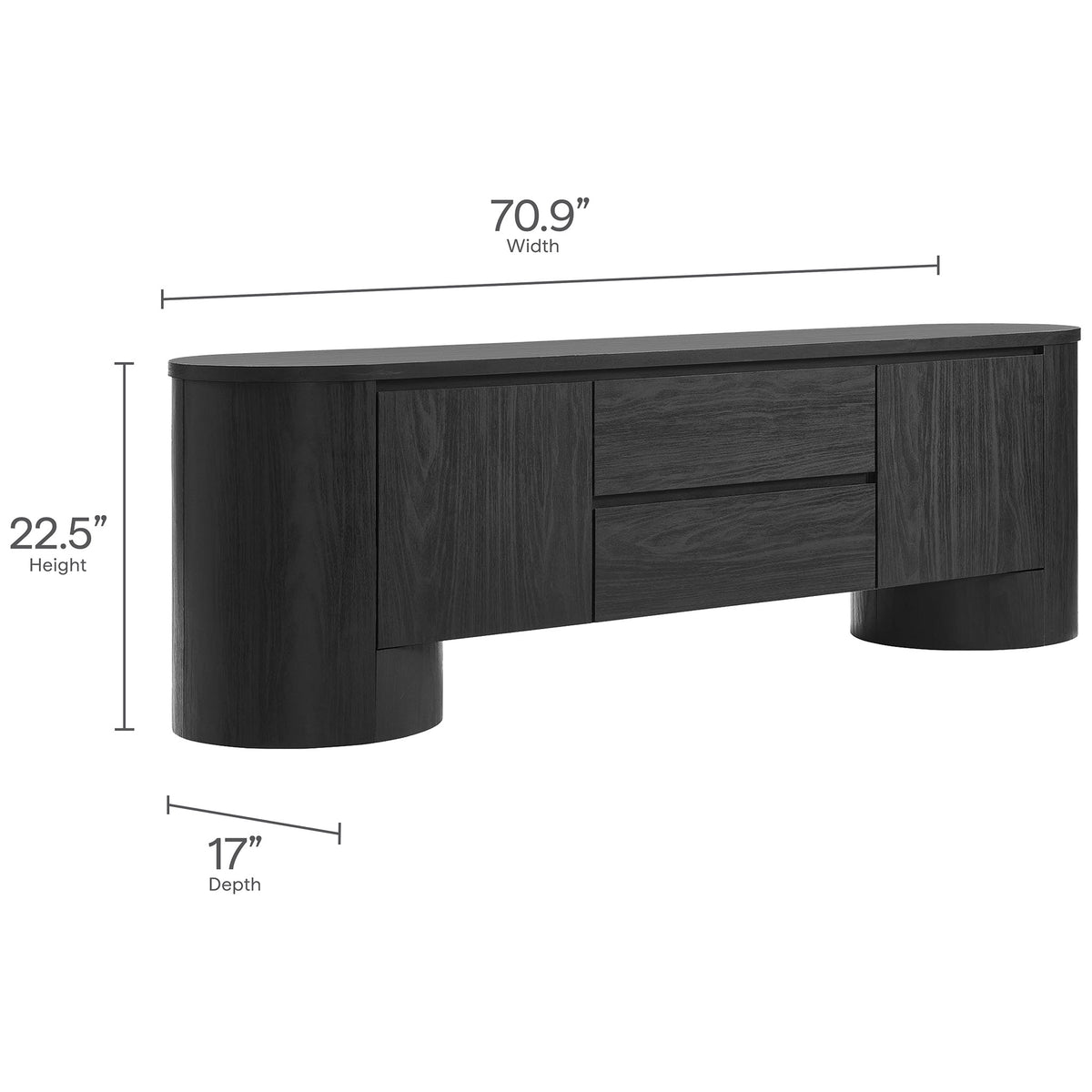 Dimension diagram of the black Duval TV cabinet showing overall width, height, and depth measurements || EEI-7440-BLK || dimension_studio