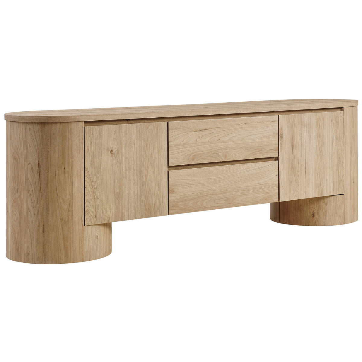 Light oak oval TV cabinet showcasing softly curved lines and generous drawer and cupboard storage || EEI-7440-LOA || front_angle_studio