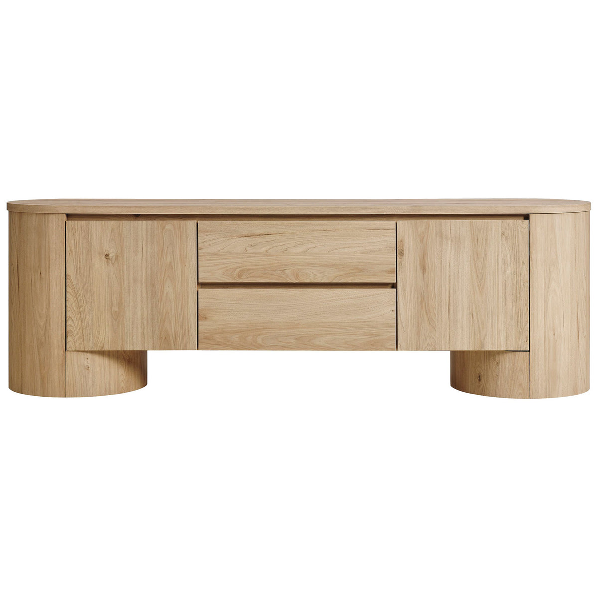 Light oak oval TV cabinet with rounded doors, dual center drawers, and cylindrical plinth bases || EEI-7440-LOA || front_studio