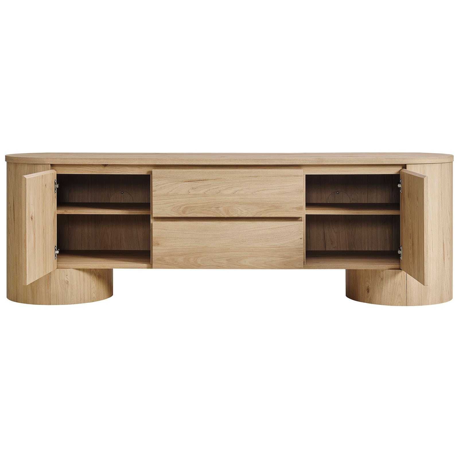 Light oak TV cabinet with side cupboards open to reveal adjustable shelving and hidden media storage || EEI-7440-LOA || front_open_studio