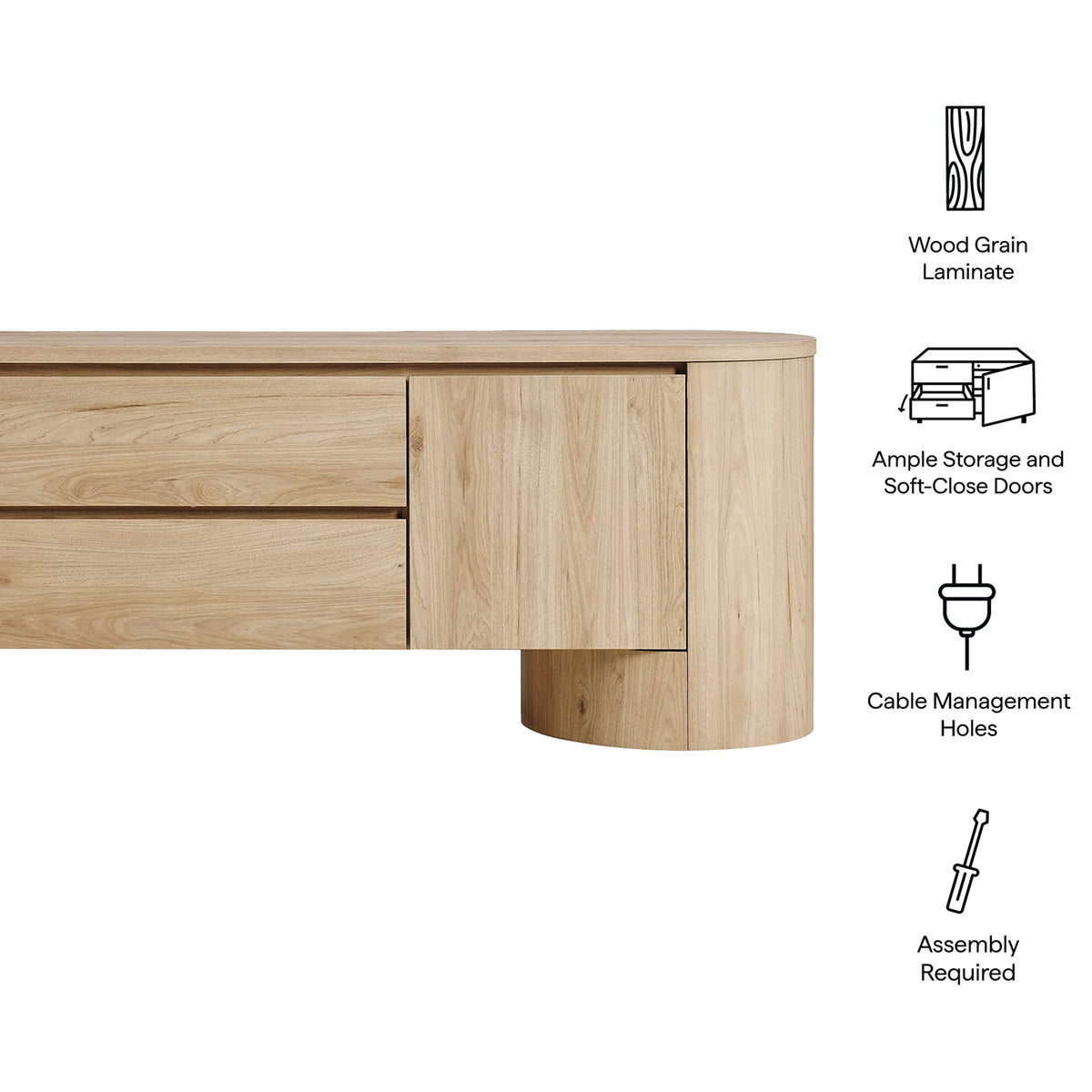 Light oak Duval TV cabinet with icons calling out wood grain laminate, soft-close storage, and cable management || EEI-7440-LOA || callout_studio