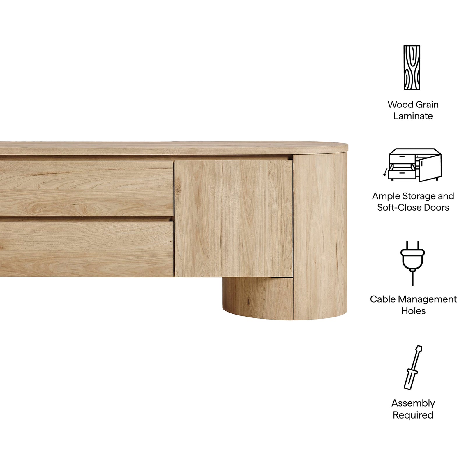 Light oak Duval TV cabinet with icons calling out wood grain laminate, soft-close storage, and cable management || EEI-7440-LOA || callout_studio