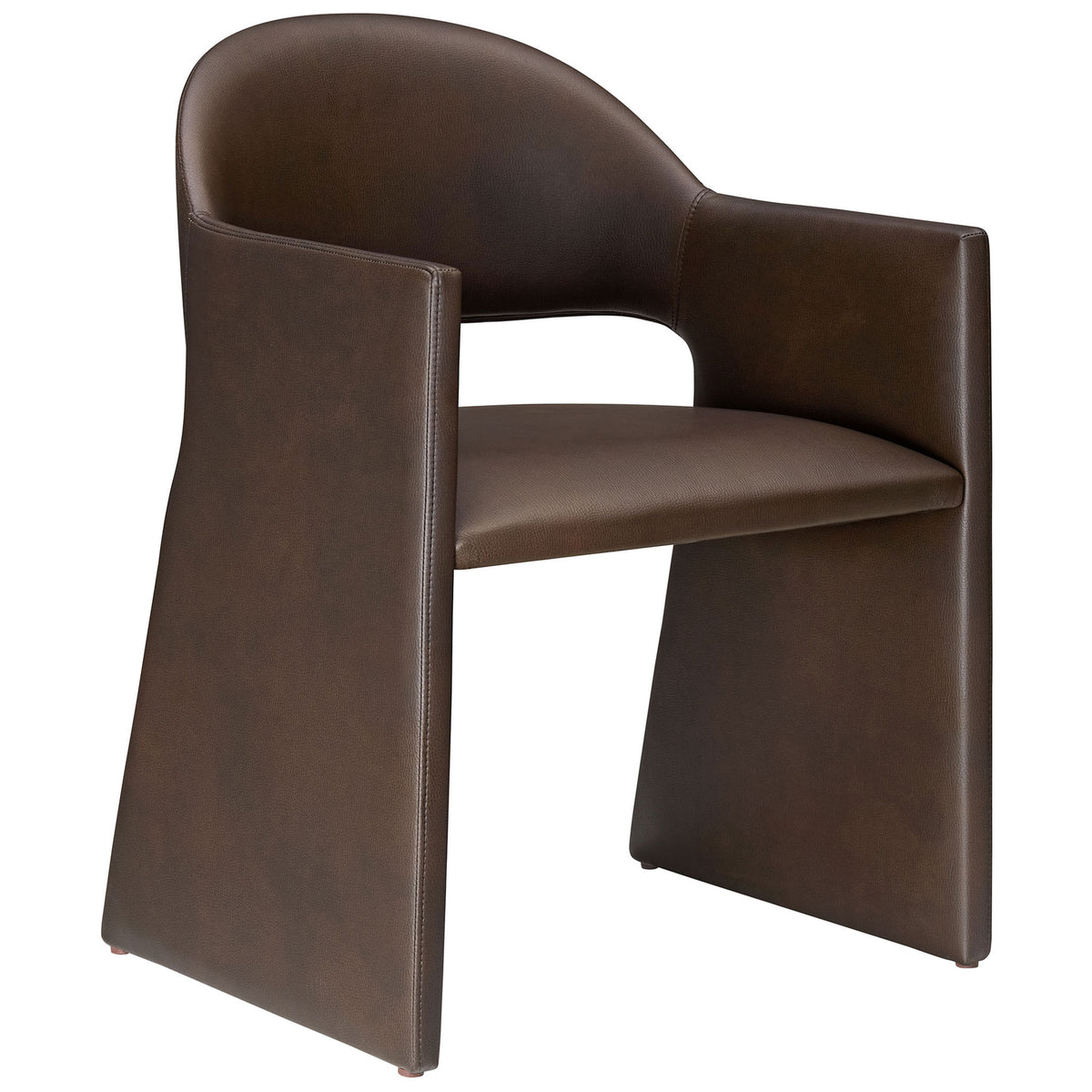 Modern espresso vegan leather barrel-back dining armchair with sculpted panel legs and open lower back detail || EEI-7442-ESP || front_angle_studio