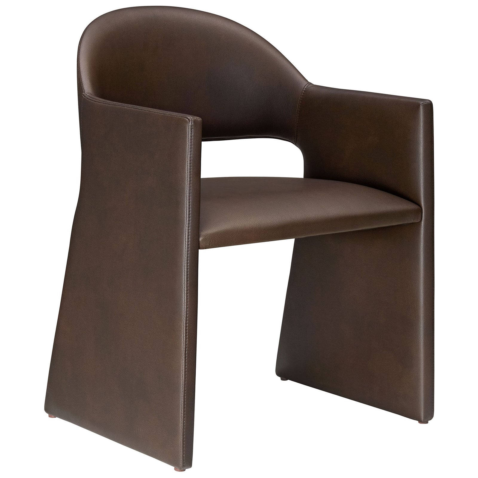 Modern espresso vegan leather barrel-back dining armchair with sculpted panel legs and open lower back detail || EEI-7442-ESP || front_angle_studio