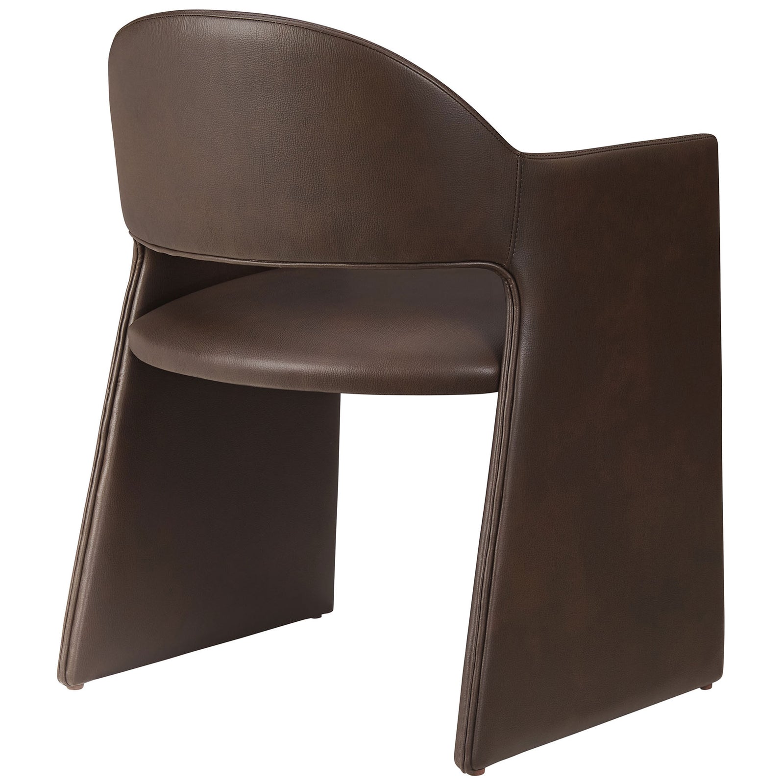 Curved barrel back of espresso vegan leather dining armchair with smooth upholstery and sculpted side panels || EEI-7442-ESP || back_angle_studio