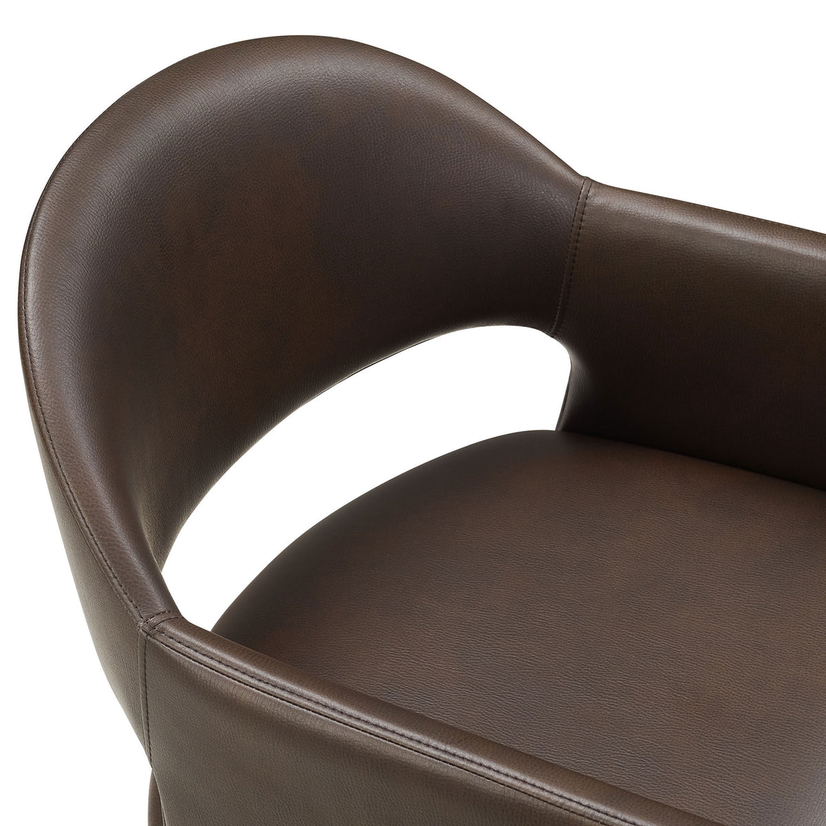 Espresso vegan leather barrel-back chair highlighting soft curves and finely stitched upholstery || EEI-7442-ESP || detail_studio