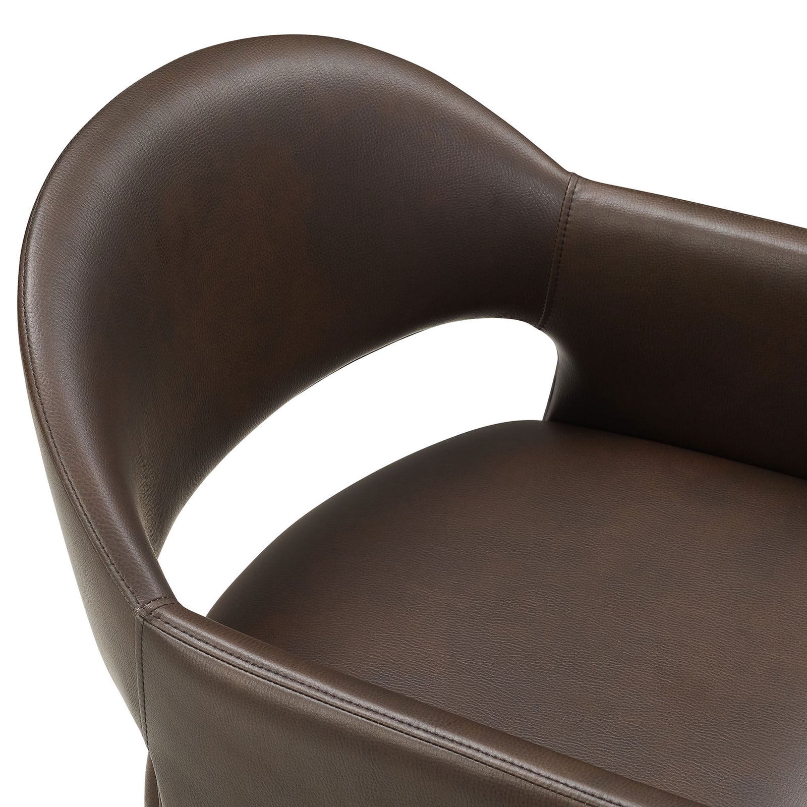 Espresso vegan leather barrel-back chair highlighting soft curves and finely stitched upholstery || EEI-7442-ESP || detail_studio