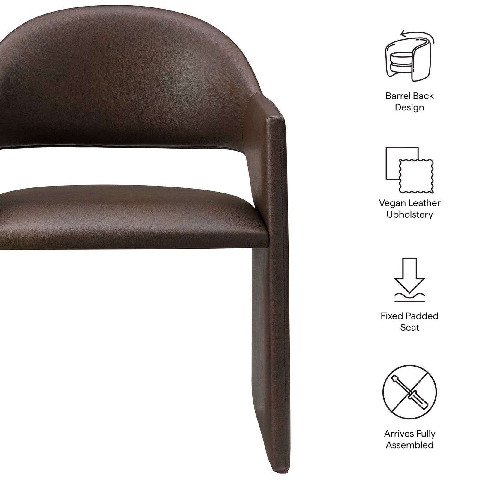 Feature graphic of espresso barrel-back dining armchair with icons calling out comfort, upholstery, and assembly || EEI-7442-ESP || callout_studio