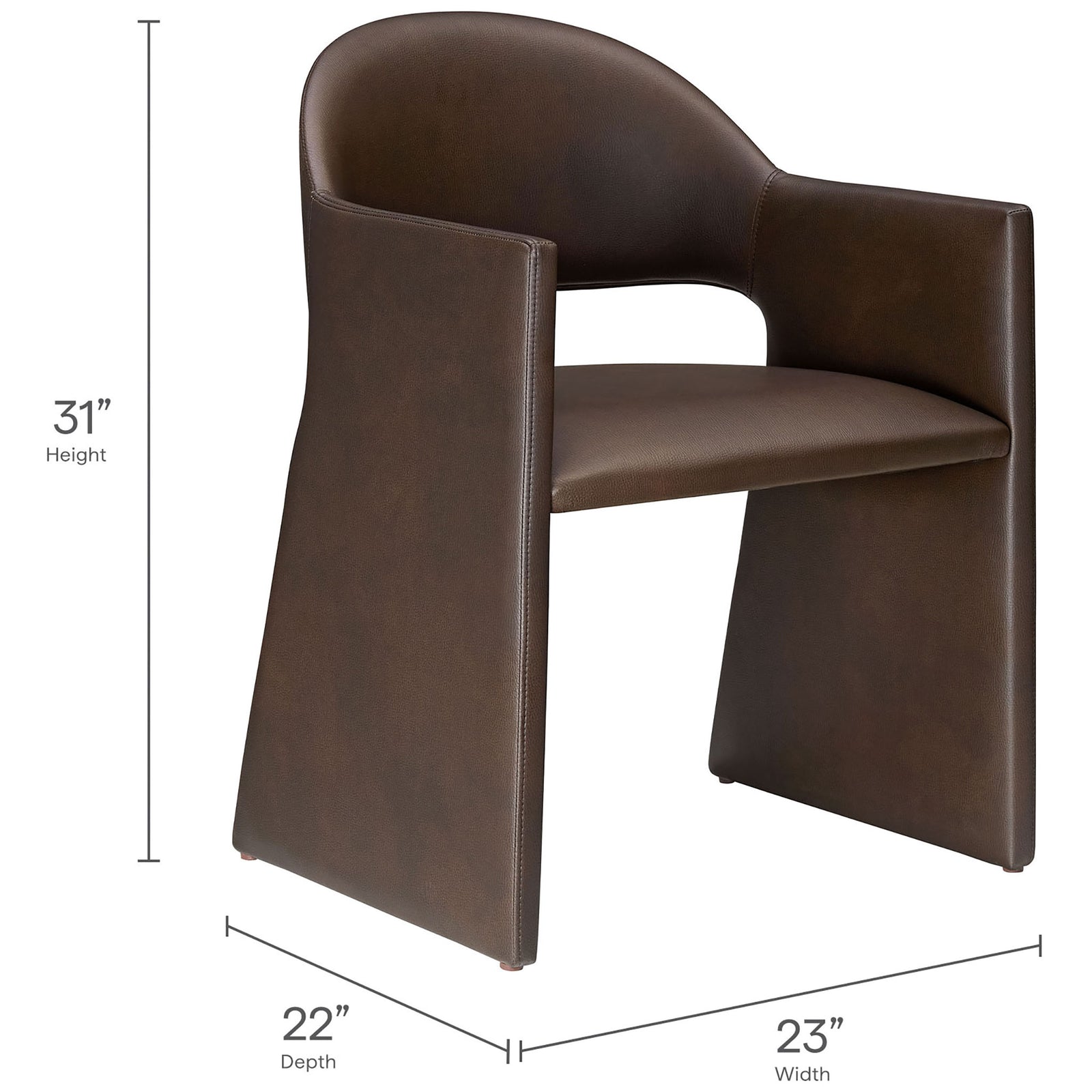 Dimension graphic of espresso vegan leather dining armchair with labeled height, width, and depth measurements || EEI-7442-ESP || dimension_studio