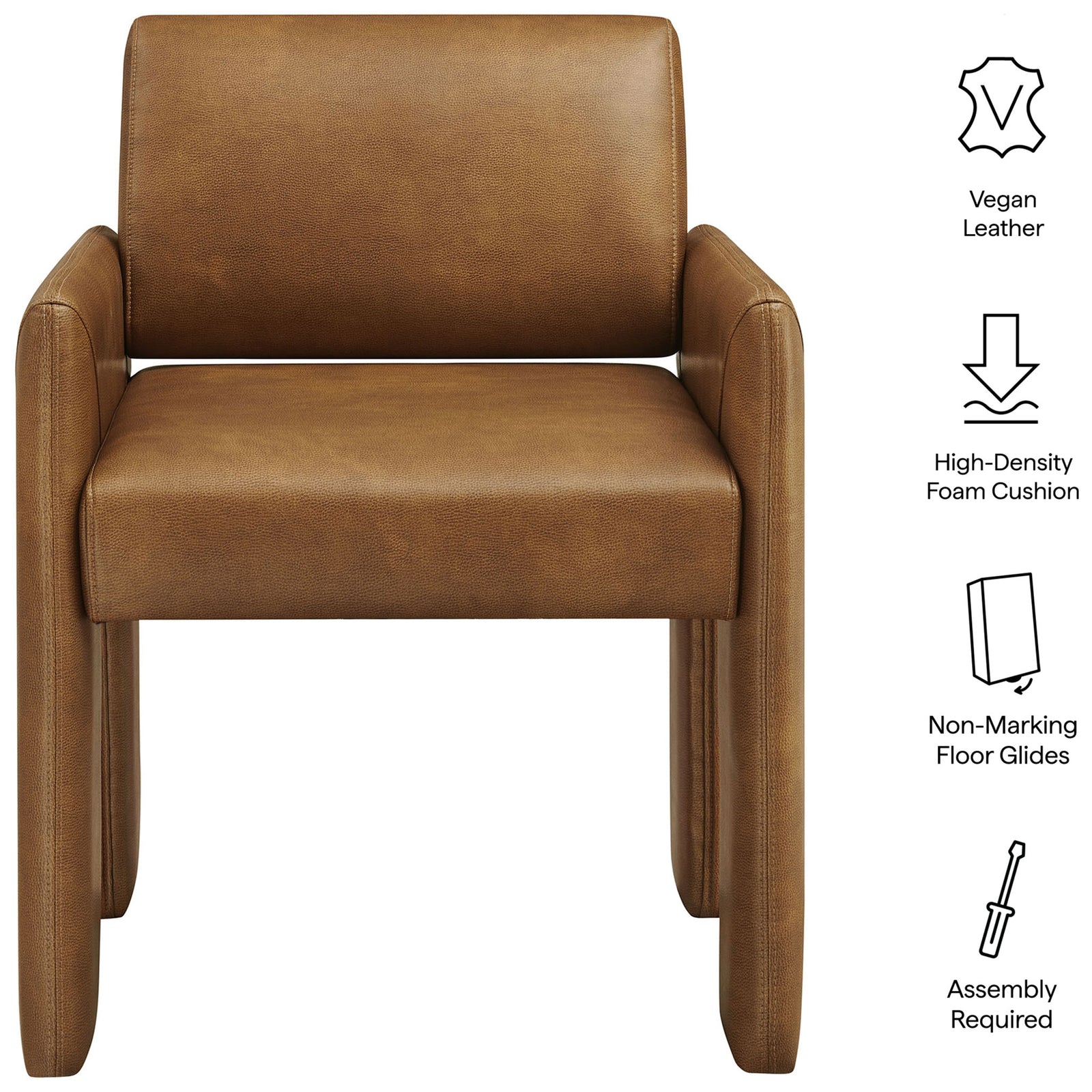 Canyon vegan leather armchair with icons highlighting vegan leather, foam cushioning, and floor glides || EEI-7443-CAN || callout_studio