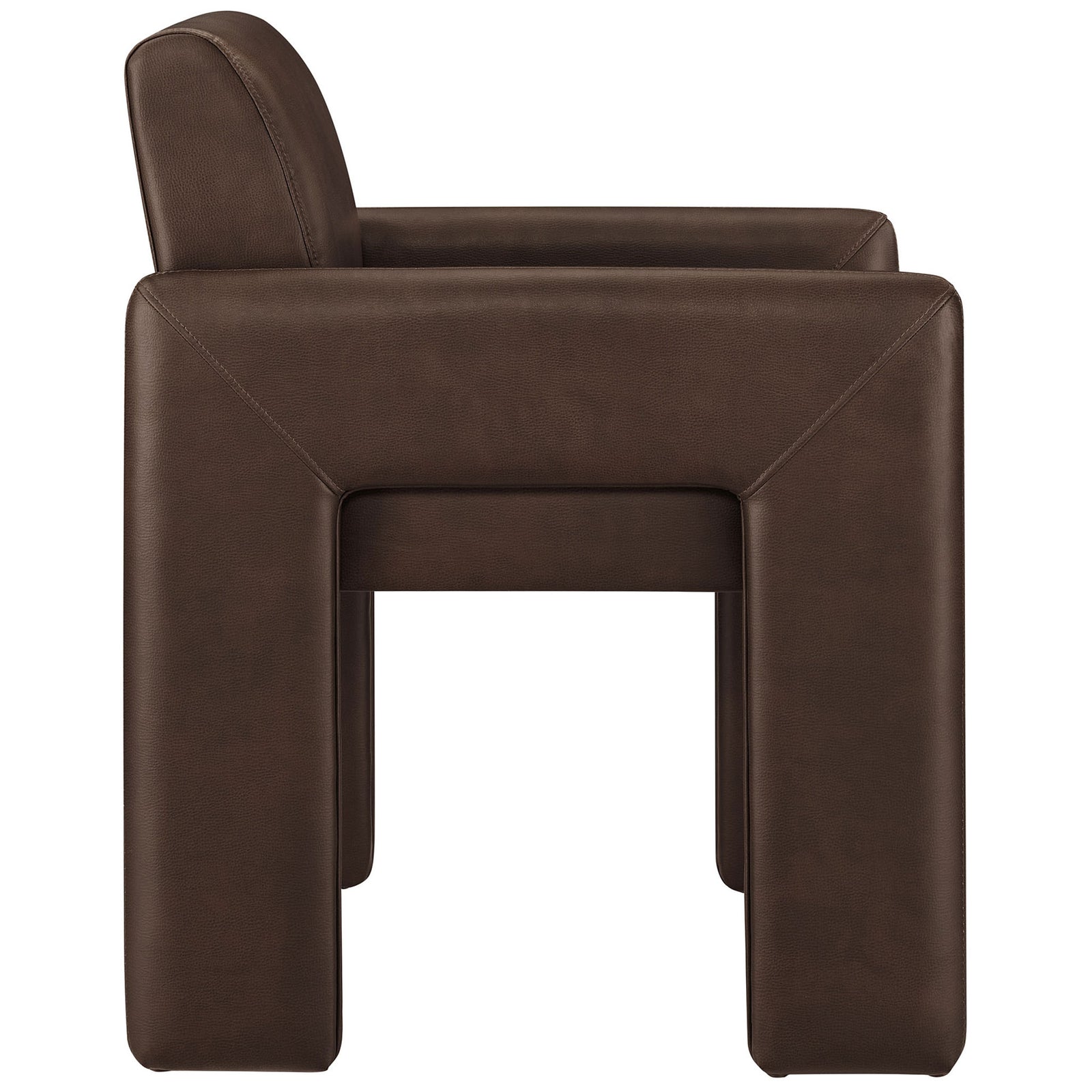 Streamlined espresso vegan leather armchair showcasing thick padded seat and architectural leg profile. || EEI-7443-ESP || side_studio