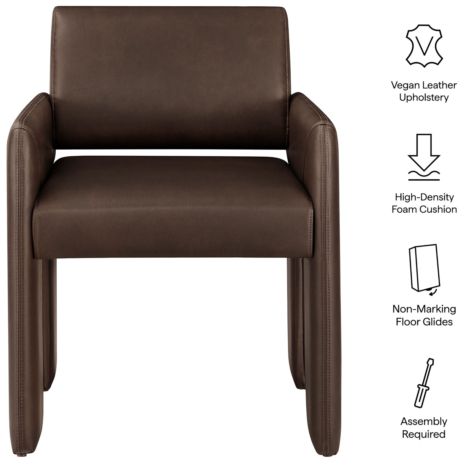 Espresso vegan leather armchair with high density foam, non marking floor glides, and easy assembly icons. || EEI-7443-ESP || callout_studio