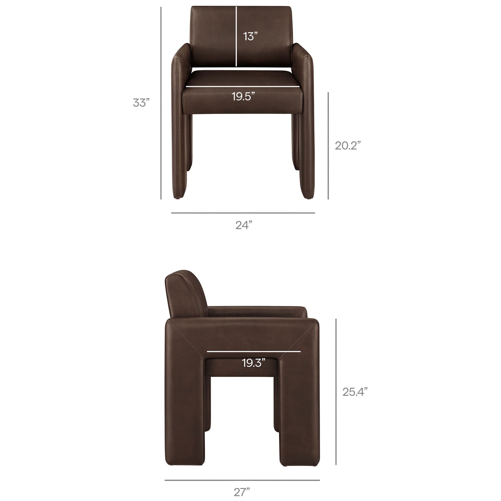 Dimension diagram of the espresso vegan leather dining armchair showing seat height, width, depth, and backrest size. || EEI-7443-ESP || dimension_studio