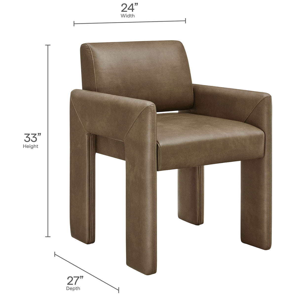 Dimensions of Daven mushroom vegan leather dining armchair with generous 27 by 24 inch footprint || EEI-7443-MUS || dimension_studio