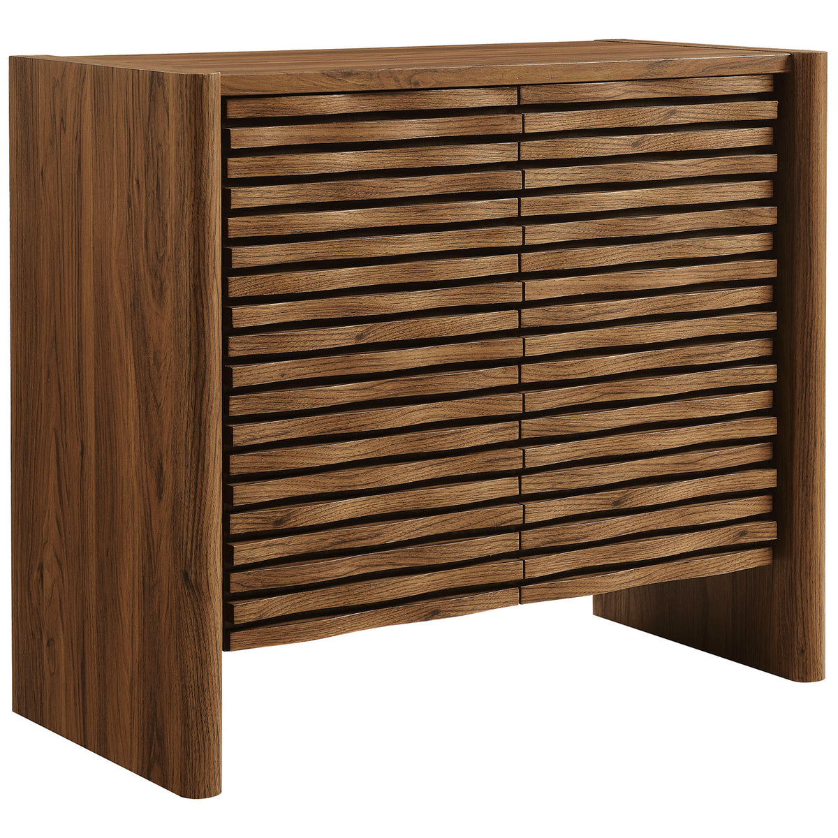 Modern walnut accent cabinet with rounded side panels and rhythmic wave-front doors. || EEI-7444-WAL || front_angle_studio