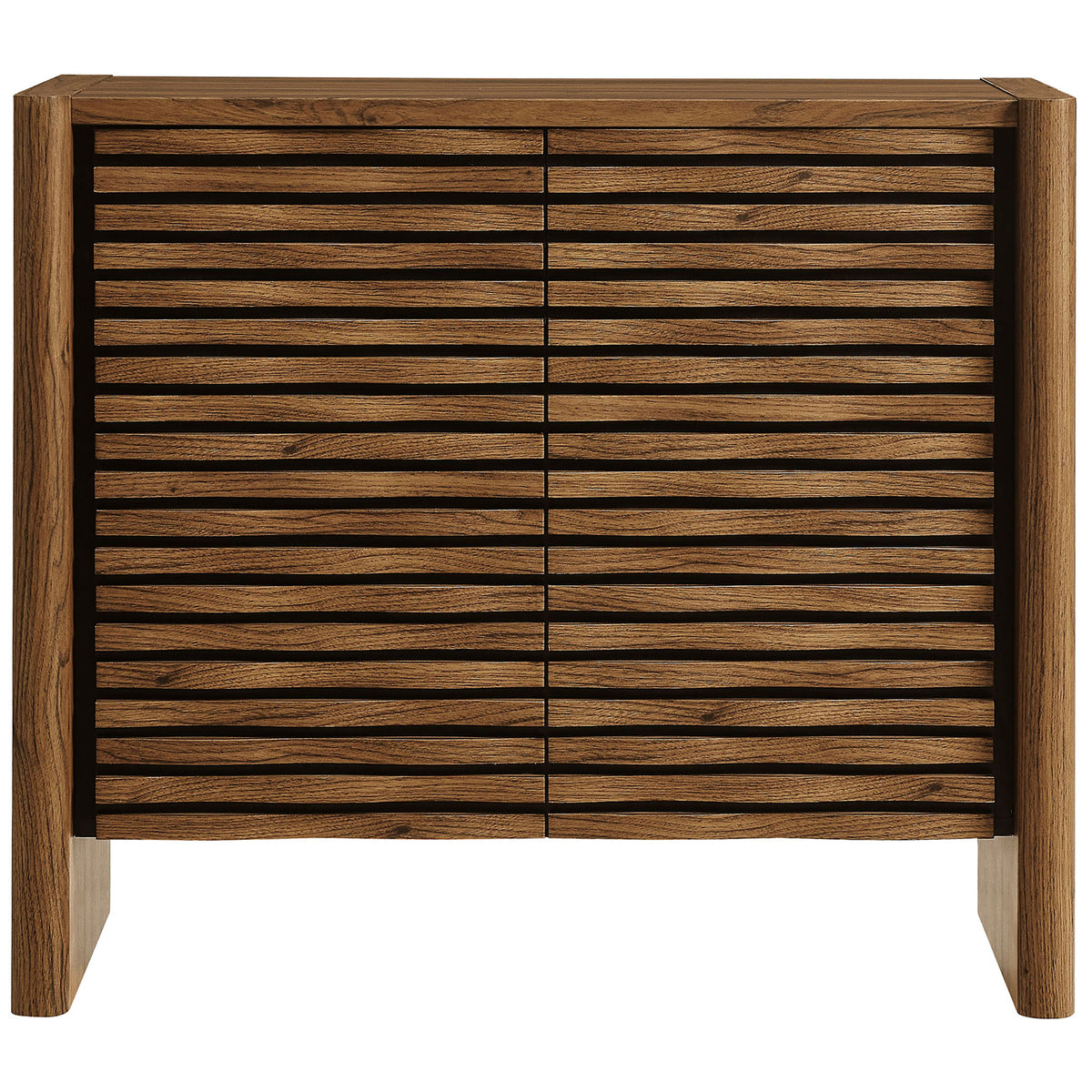 Emric wave accent cabinet in walnut with sculpted slatted doors and black backdrop. || EEI-7444-WAL || front_studio