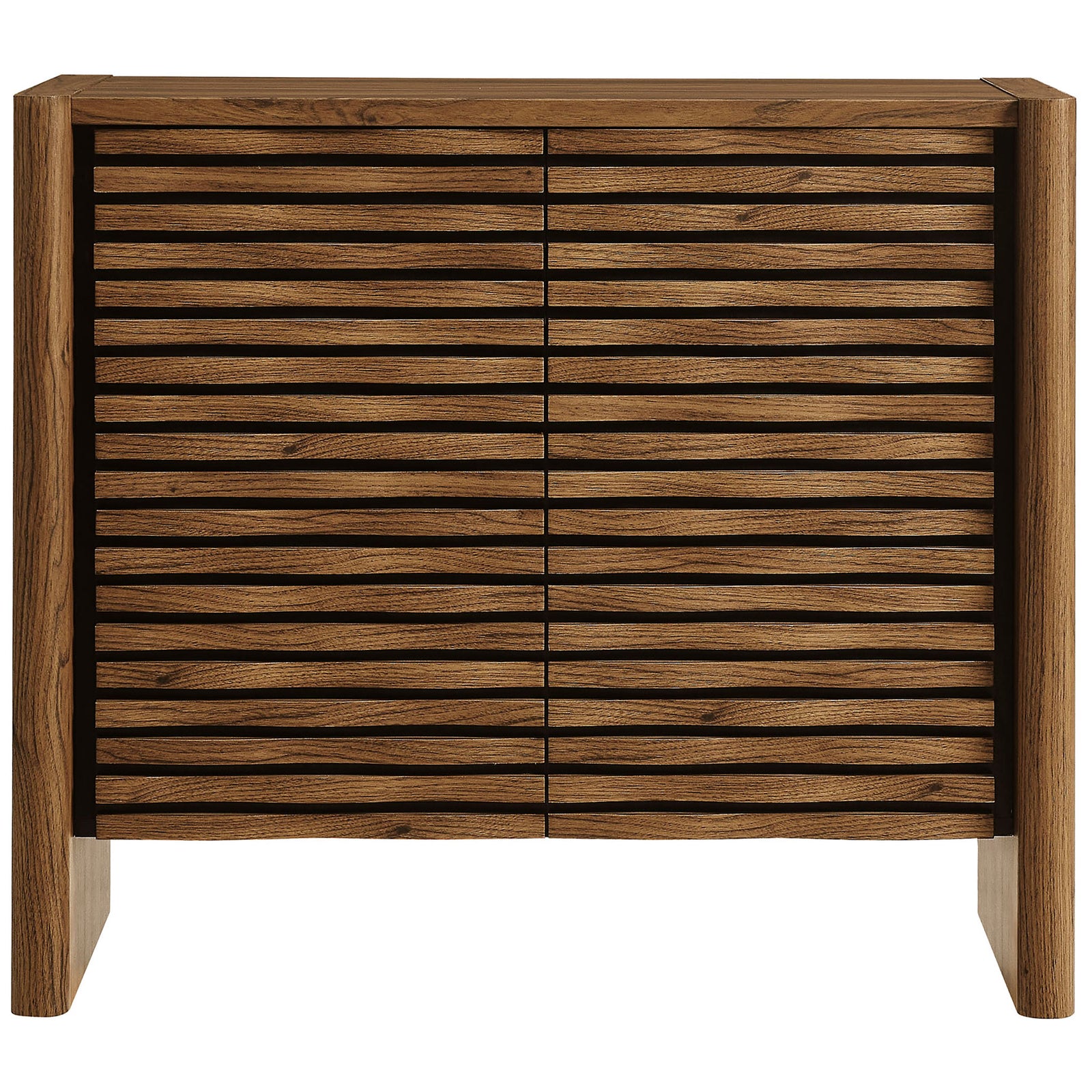 Emric wave accent cabinet in walnut with sculpted slatted doors and black backdrop. || EEI-7444-WAL || front_studio