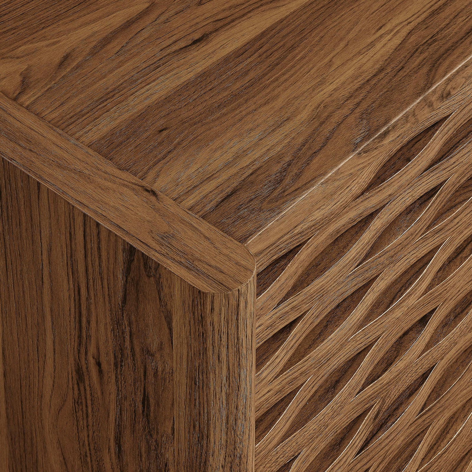 Textured laminated walnut finish and smooth edges for a refined, organic look. || EEI-7444-WAL || swatch_studio