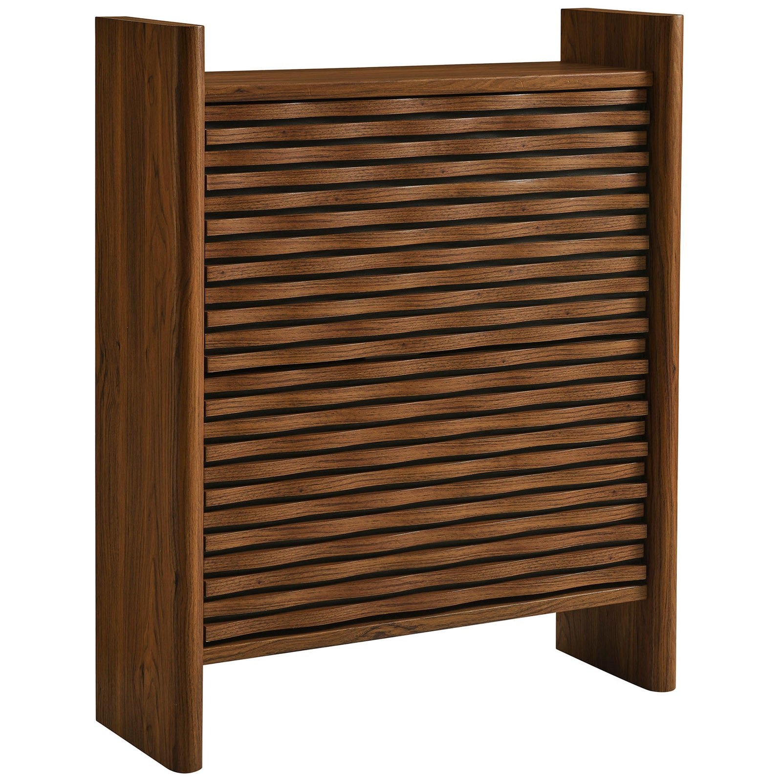 Walnut shoe cabinet with sculpted wave slatted front and thick panel sides for a grounded look || EEI-7447-WAL || front_angle_studio