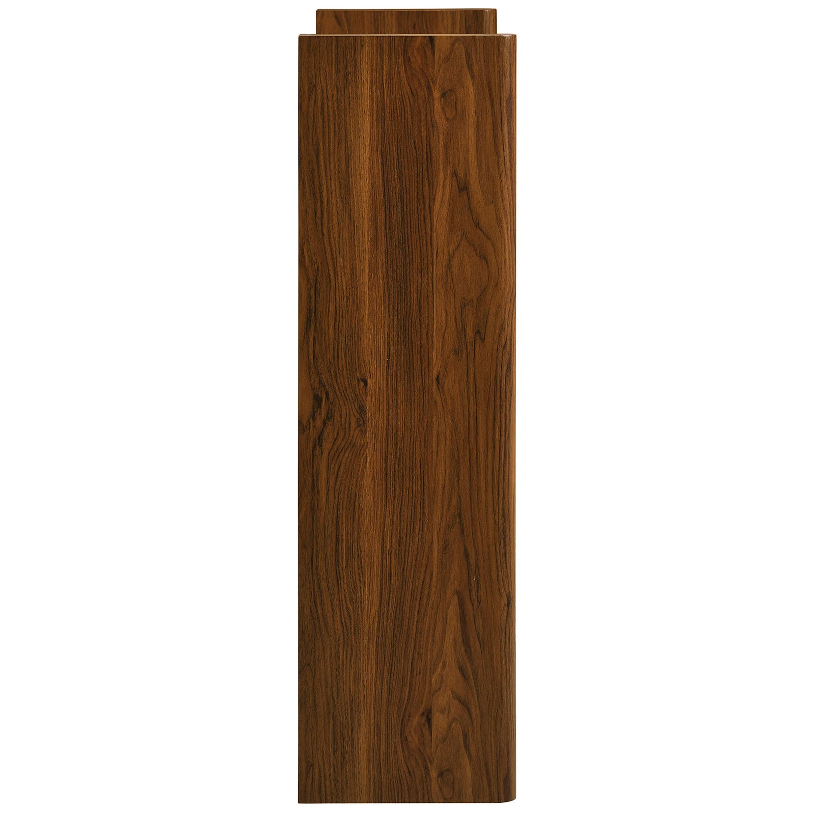 Sleek side view of the Emric shoe cabinet showing smooth walnut panels and bold vertical profile || EEI-7447-WAL || side_studio