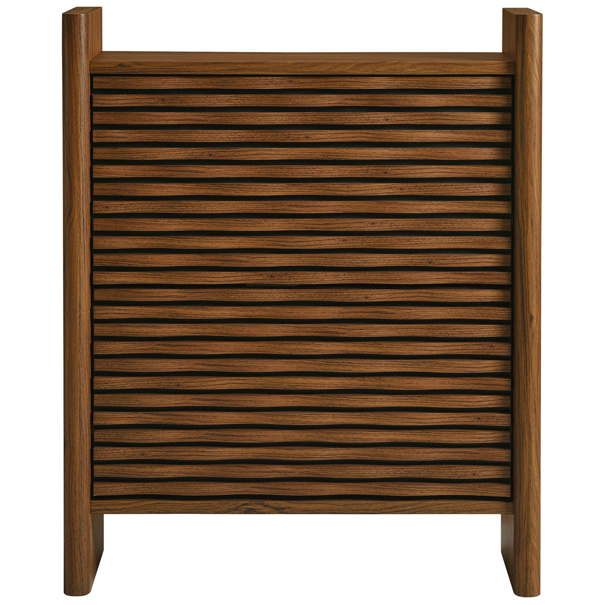 Compact Emric wave shoe cabinet with double slatted doors in a warm walnut wood grain finish || EEI-7447-WAL || front_studio