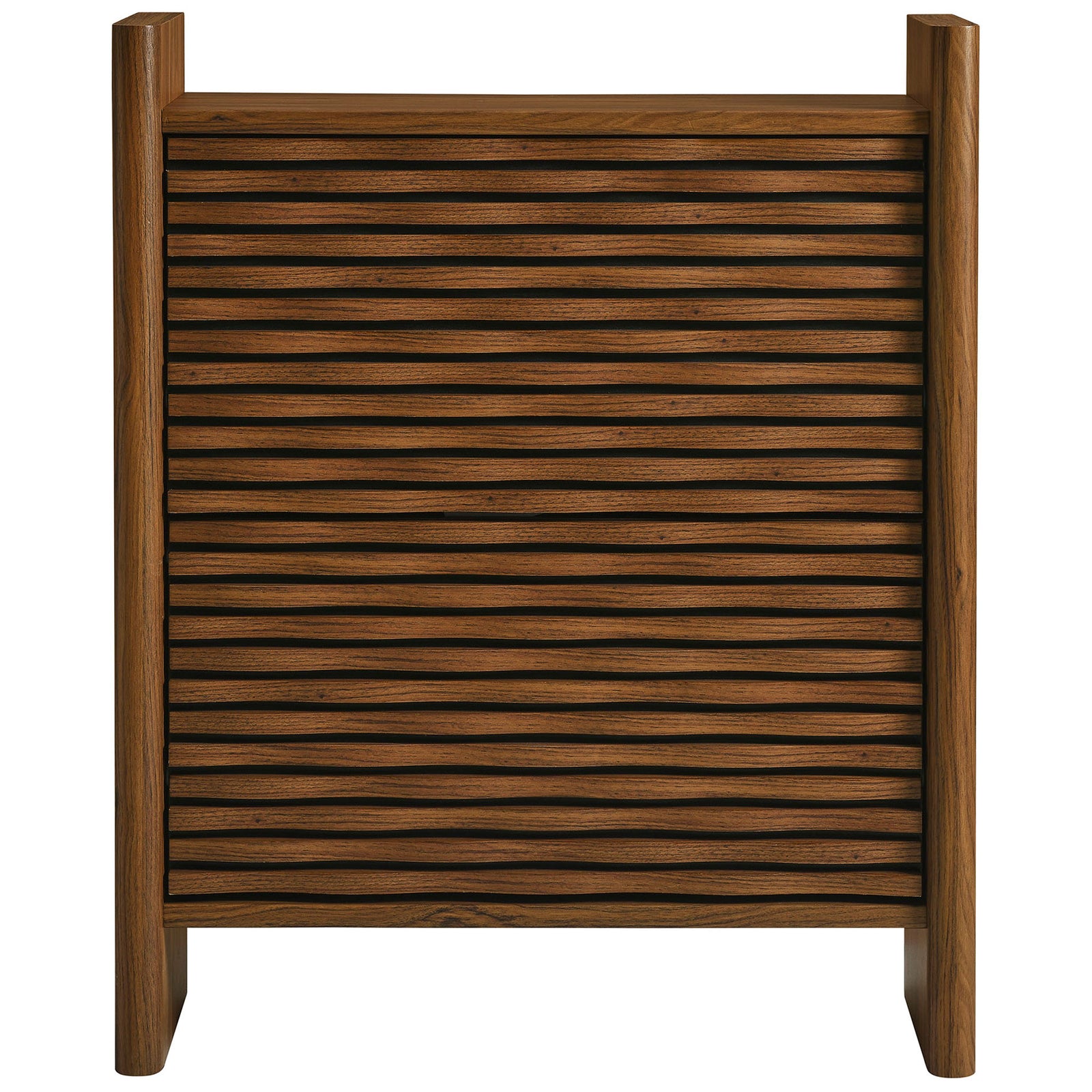 Compact Emric wave shoe cabinet with double slatted doors in a warm walnut wood grain finish || EEI-7447-WAL || front_studio