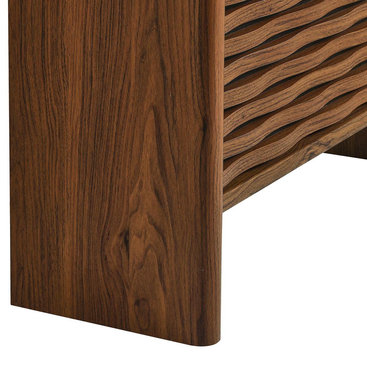 Close up of textured wave slats and rich walnut wood grain on the Emric shoe cabinet leg || EEI-7447-WAL || detail_studio