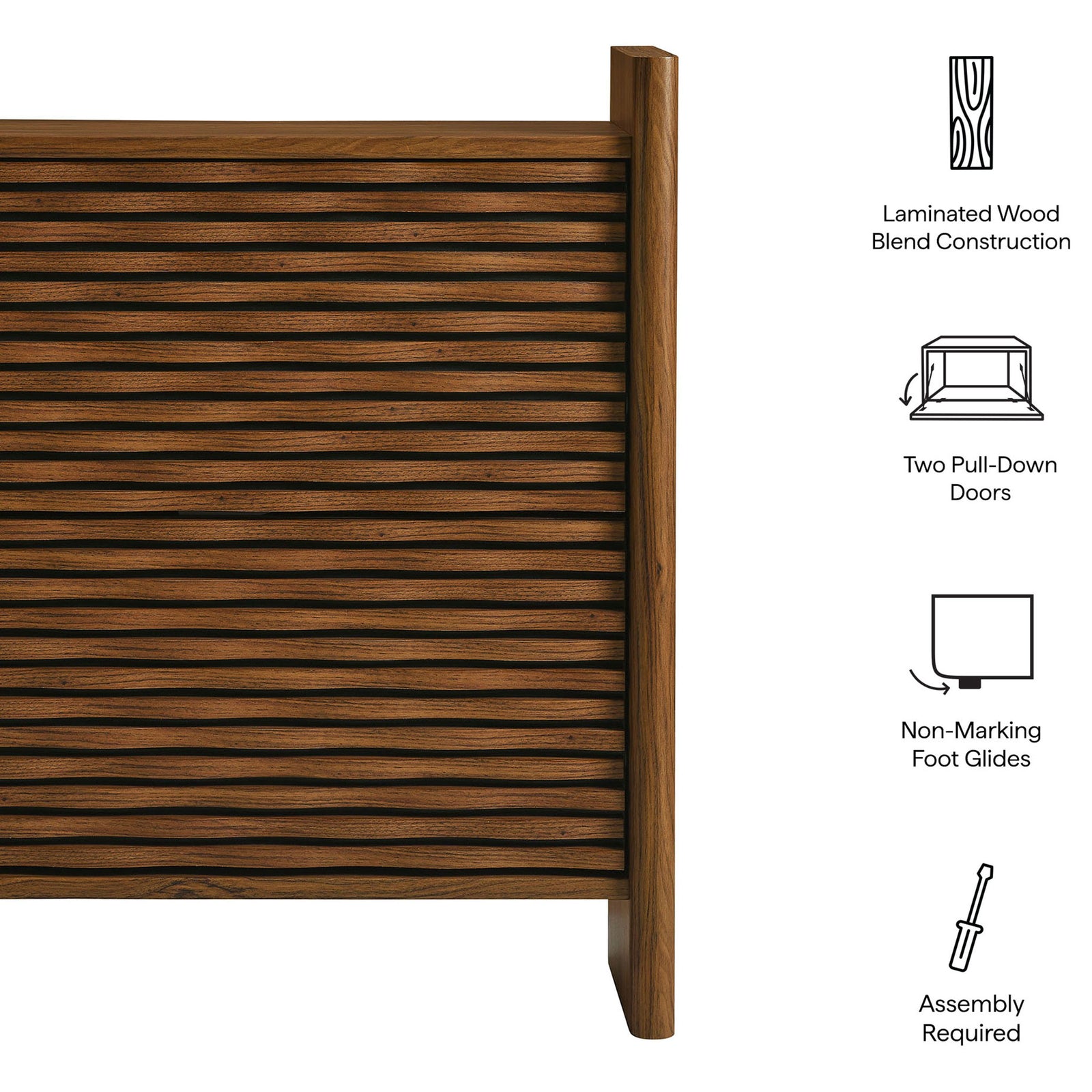 Feature callouts highlight laminated wood blend, pull down doors, non marking foot glides, and assembly || EEI-7447-WAL || callout_studio