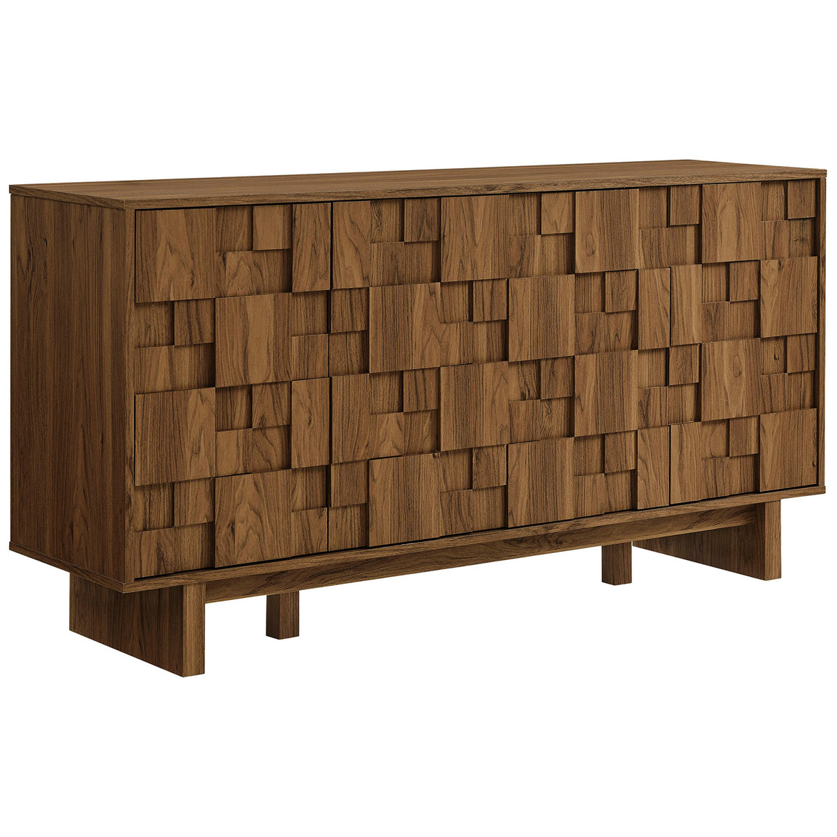 Walnut sideboard with four carved geometric doors and recessed base for bold modern storage || EEI-7448-WAL || front_angle_studio