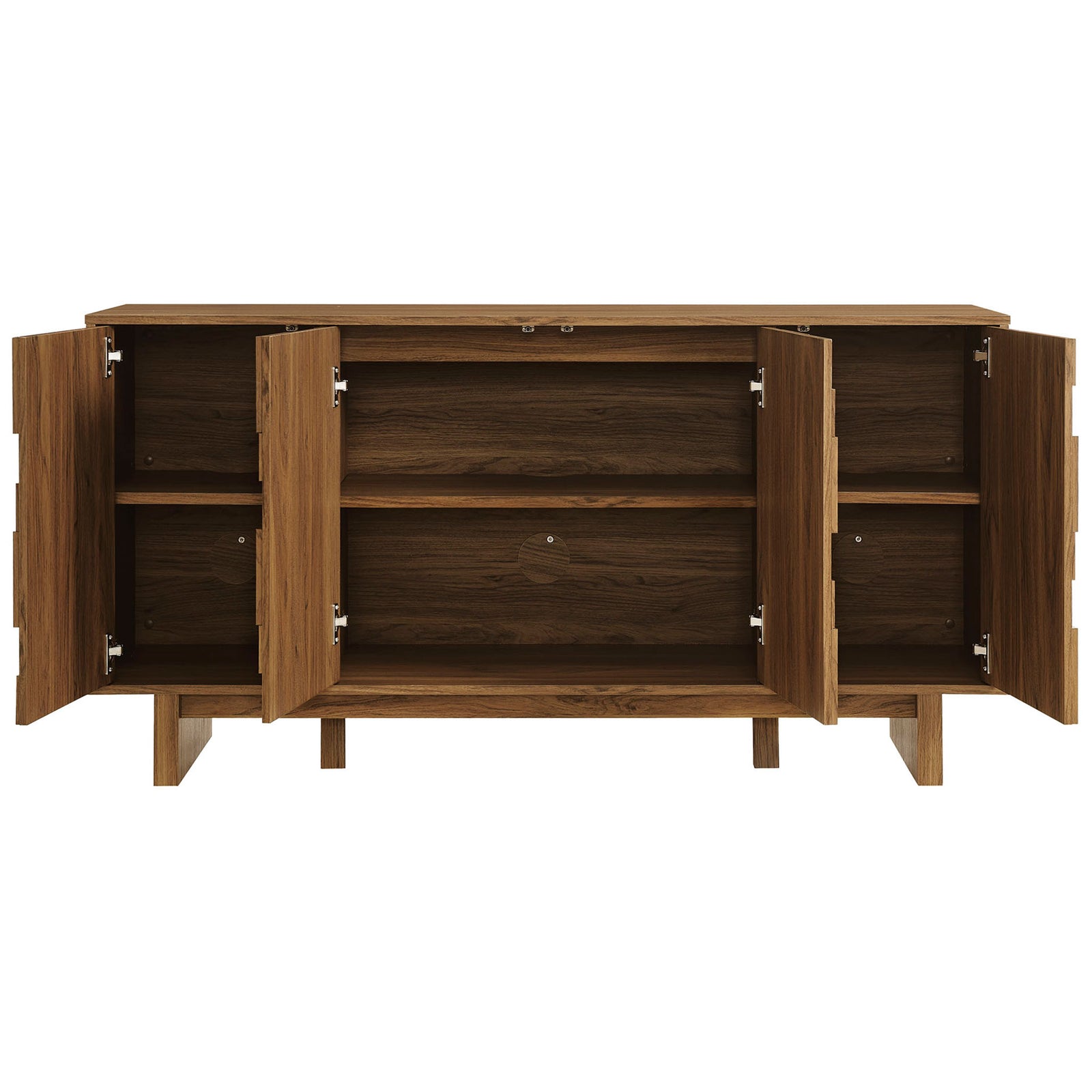 Owen walnut sideboard with four doors open revealing adjustable shelves and generous cabinet space || EEI-7448-WAL || front_open_studio