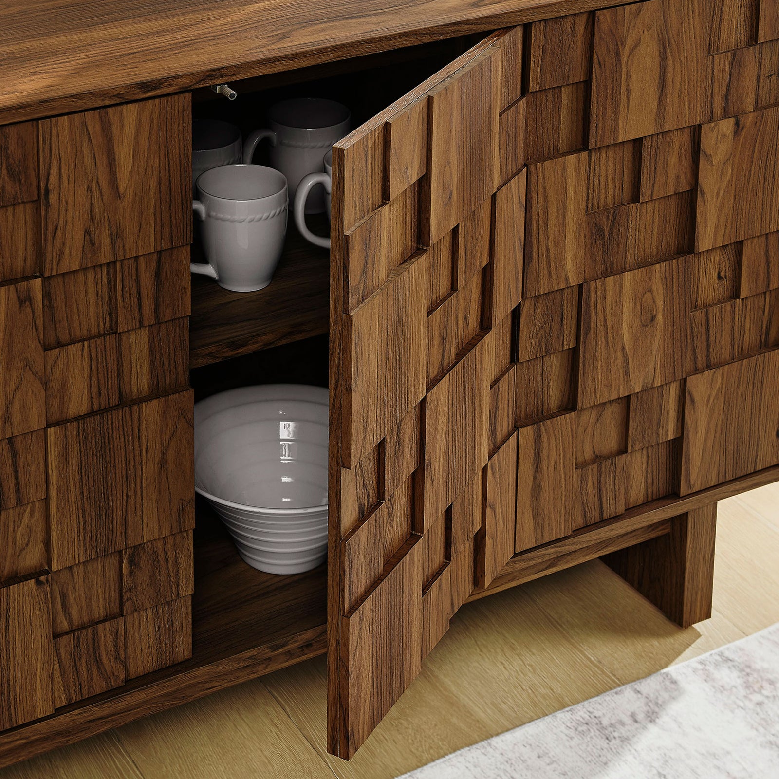 Walnut sideboard cabinet in use with dishes stored behind the sculpted geometric doors || EEI-7448-WAL || storage_open_room