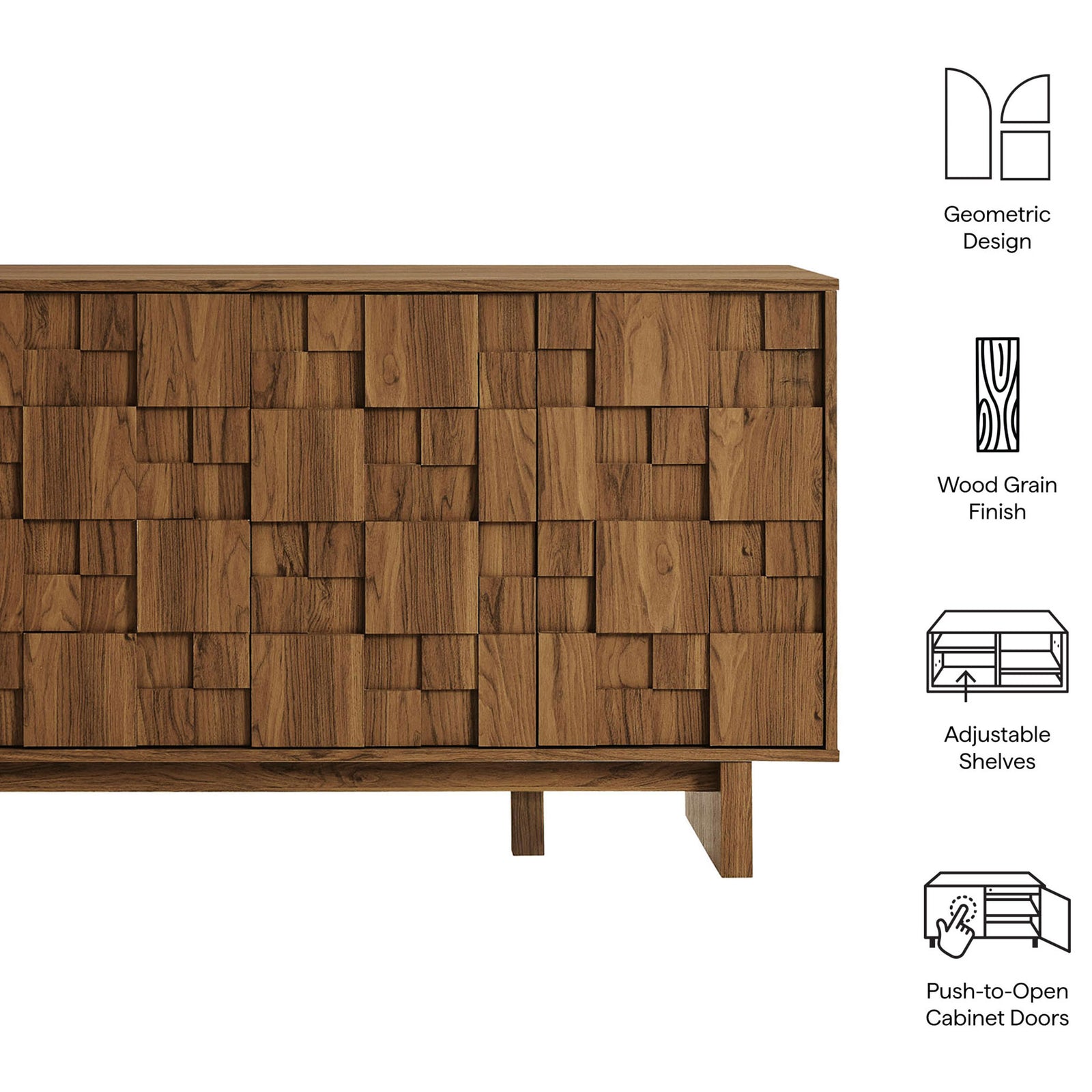 Walnut geometric sideboard with icons highlighting design, adjustable shelves, and push to open doors || EEI-7448-WAL || callout_studio