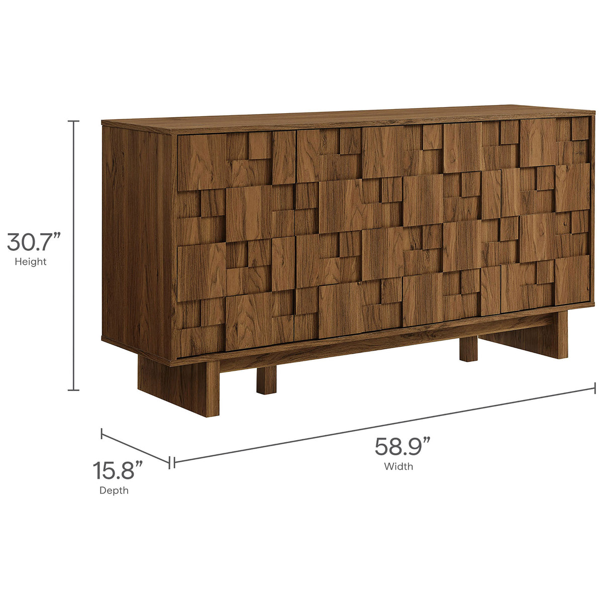 Walnut geometric sideboard with labeled product height, width, and depth dimensions || EEI-7448-WAL || dimension_studio