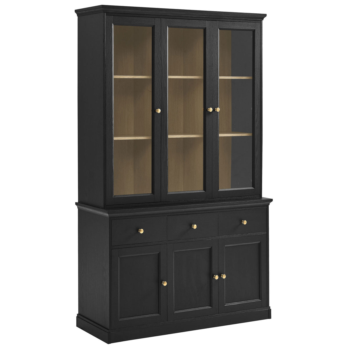 Elegant black oak storage hutch with glass display doors and lower cabinets for concealed items || EEI-7449-BLK-OAK || front_angle_studio