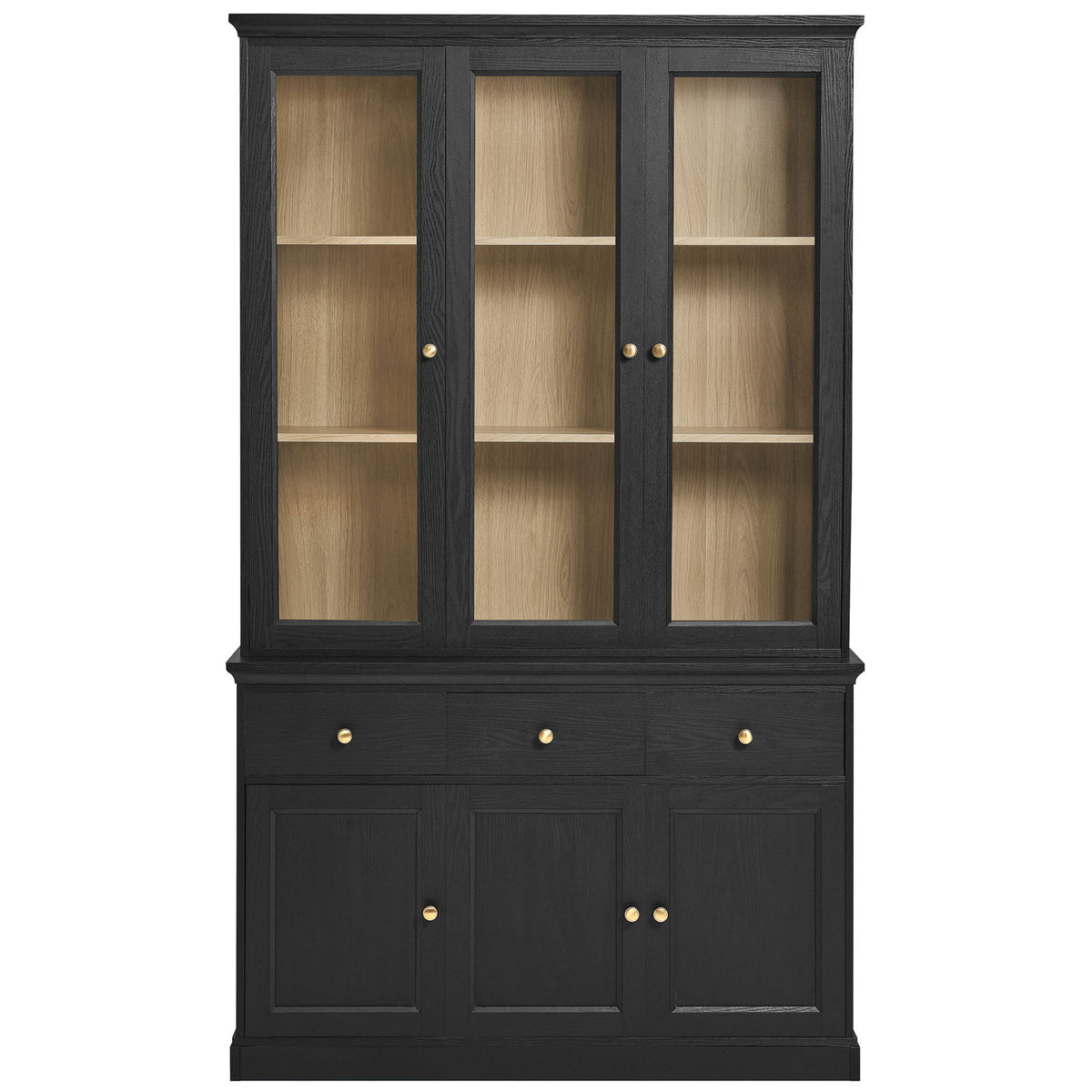 Tall black oak display cabinet with triple glass doors and warm wood interior shelving || EEI-7449-BLK-OAK || front_studio