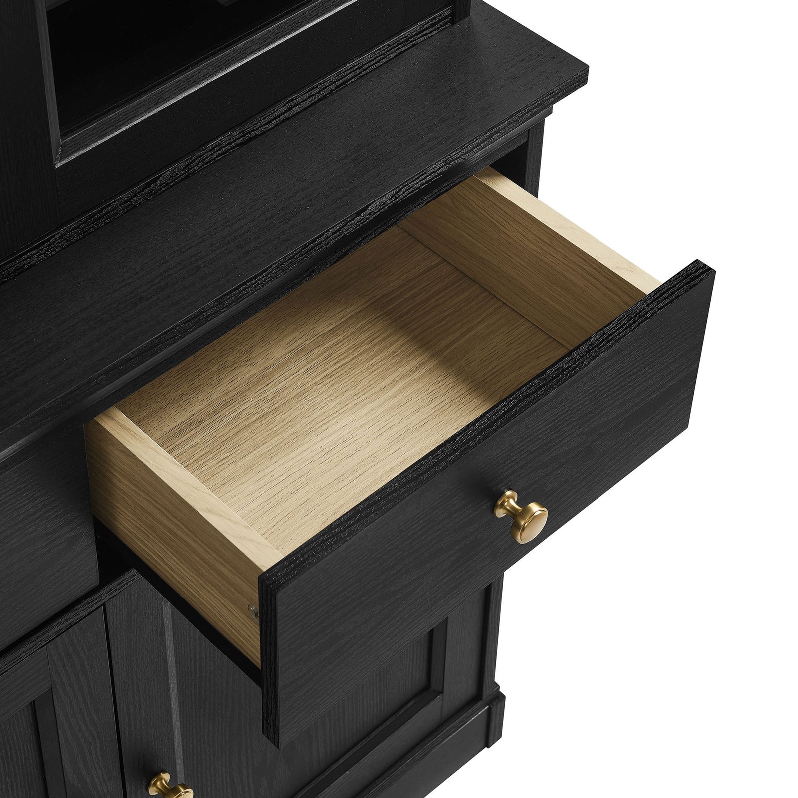 Spacious drawer with warm wood grain interior for organizing linens, cutlery, or everyday essentials || EEI-7449-BLK-OAK || storage_open_studio