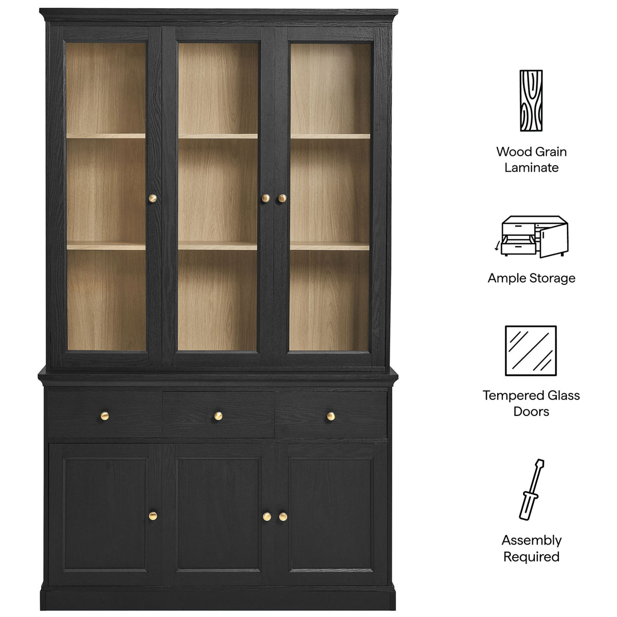 Amara cabinet shown with simple icons highlighting wood grain, storage capacity, glass doors, and assembly || EEI-7449-BLK-OAK || callout_studio