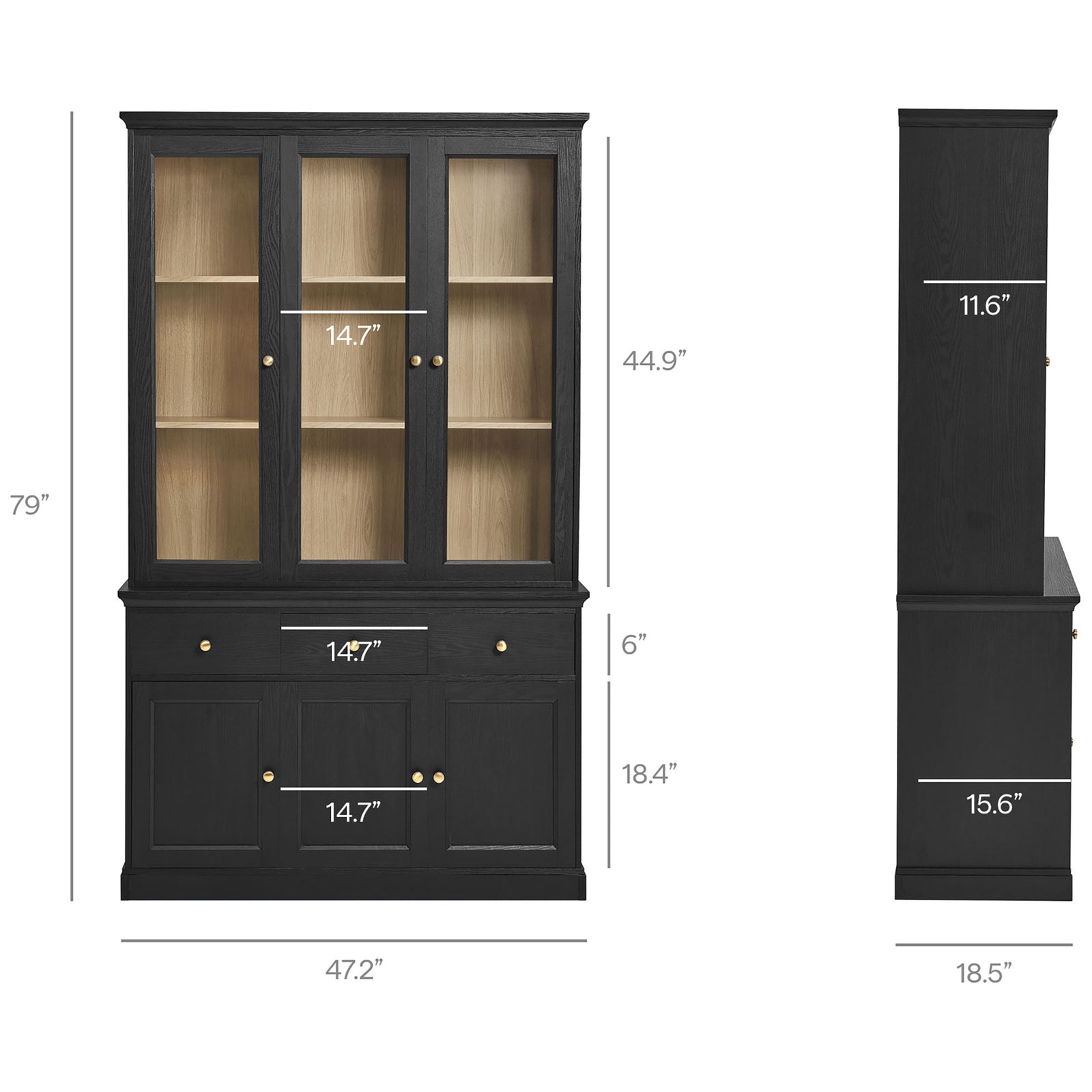 Amara cabinet with clearly labeled dimensions for overall height, width, depth, and interior shelf sizes || EEI-7449-BLK-OAK || dimension_studio
