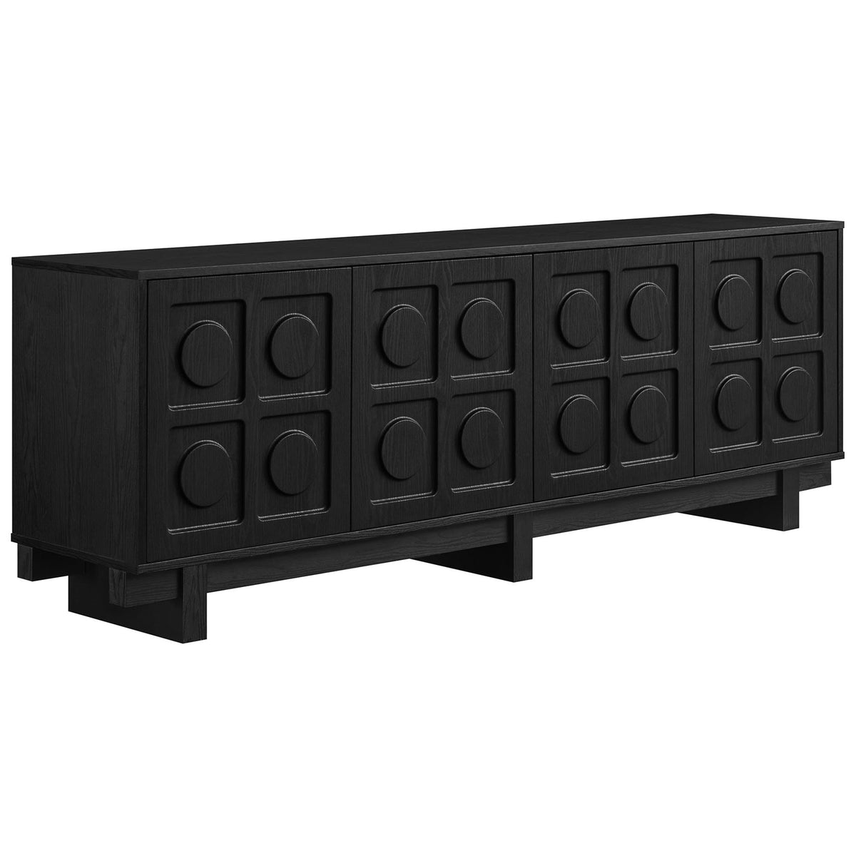 Knox 71 inch black TV stand with sculpted circle doors and low block legs for bold modern storage || EEI-7450-BLK || front_angle_studio