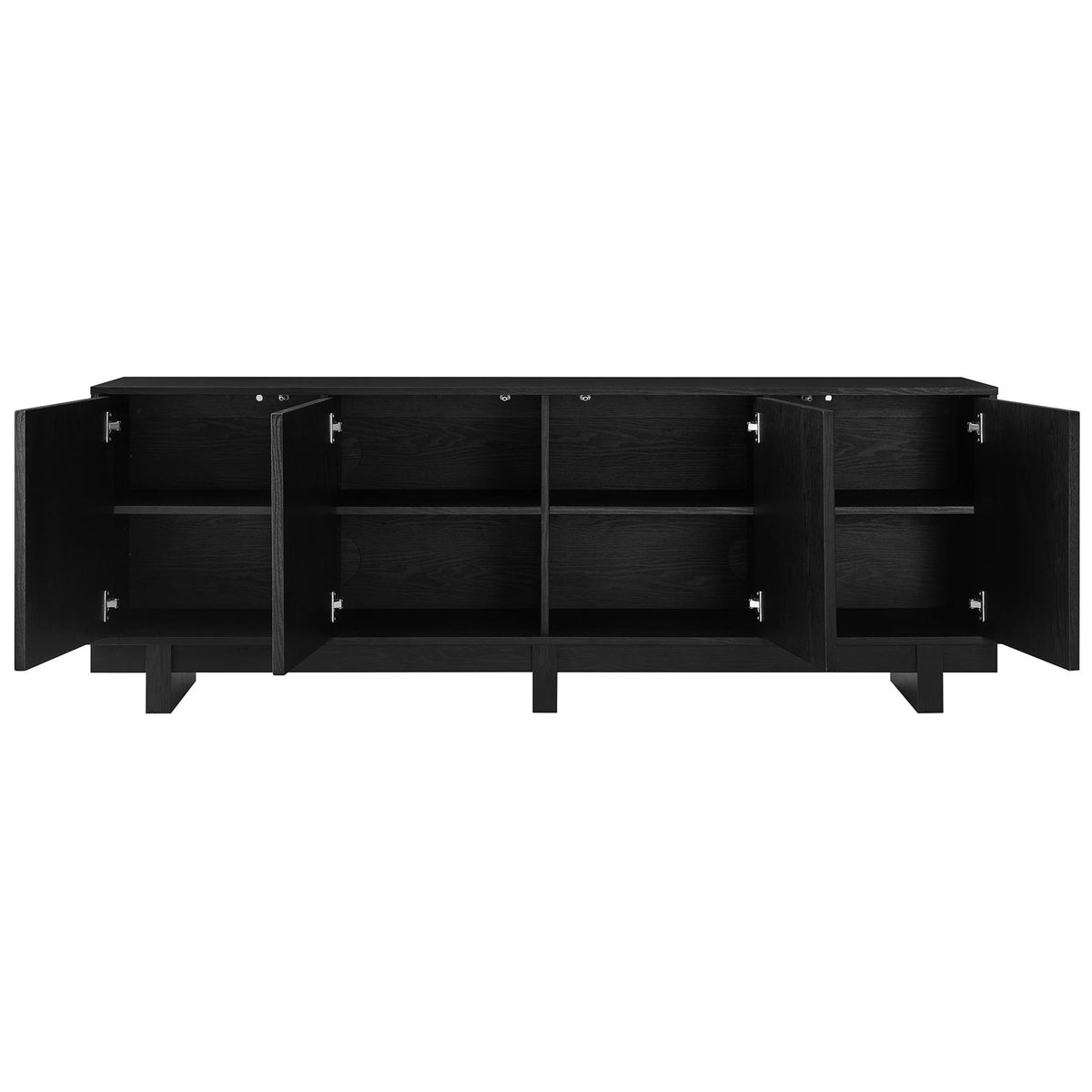 Black Knox TV stand with all four cabinet doors open revealing adjustable interior shelving || EEI-7450-BLK || front_open_studio
