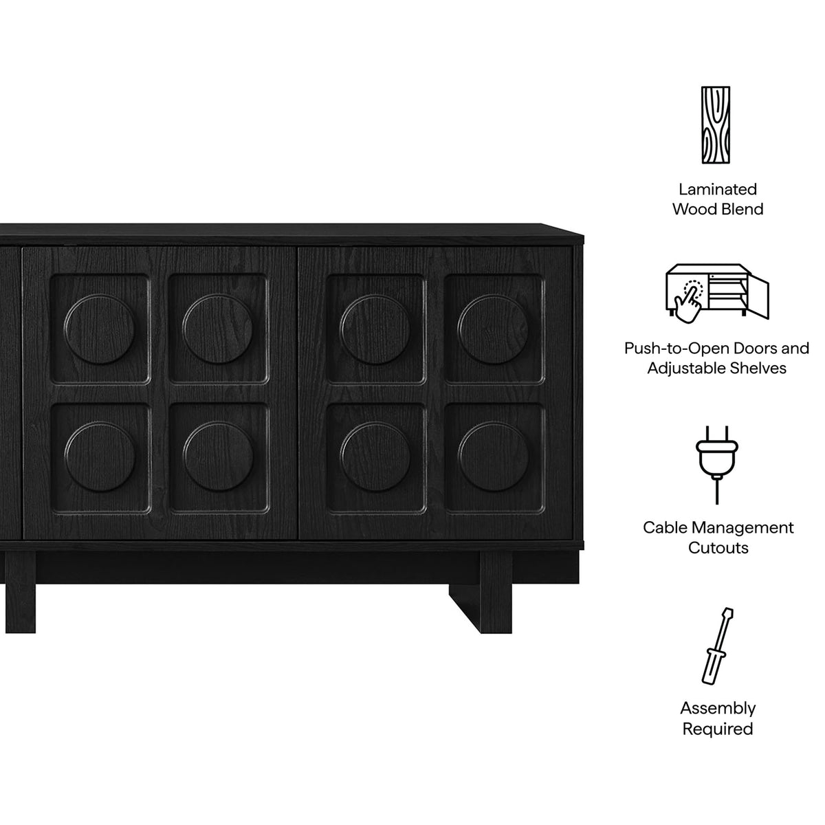 Feature icons beside black Knox TV stand highlighting laminated wood, push to open doors, and cable cutouts || EEI-7450-BLK || callout_studio