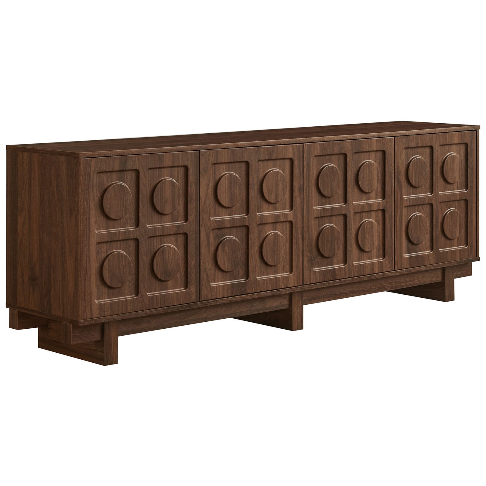 Knox 71 inch walnut TV stand with warm wood grain, sculpted circle doors, and generous media storage || EEI-7450-WAL || front_angle_studio