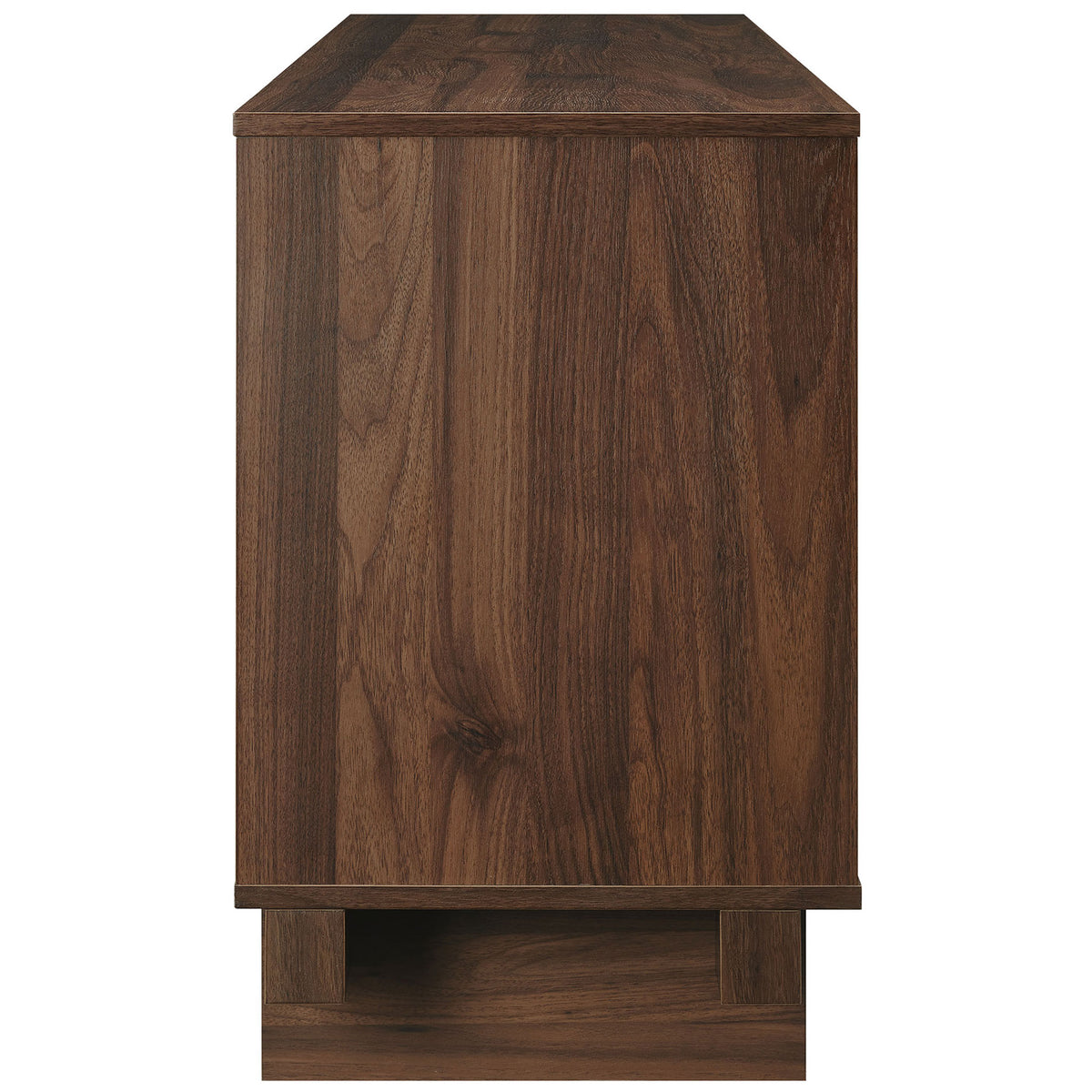 Walnut Knox TV stand showcasing natural wood pattern and solid block base || EEI-7450-WAL || side_studio