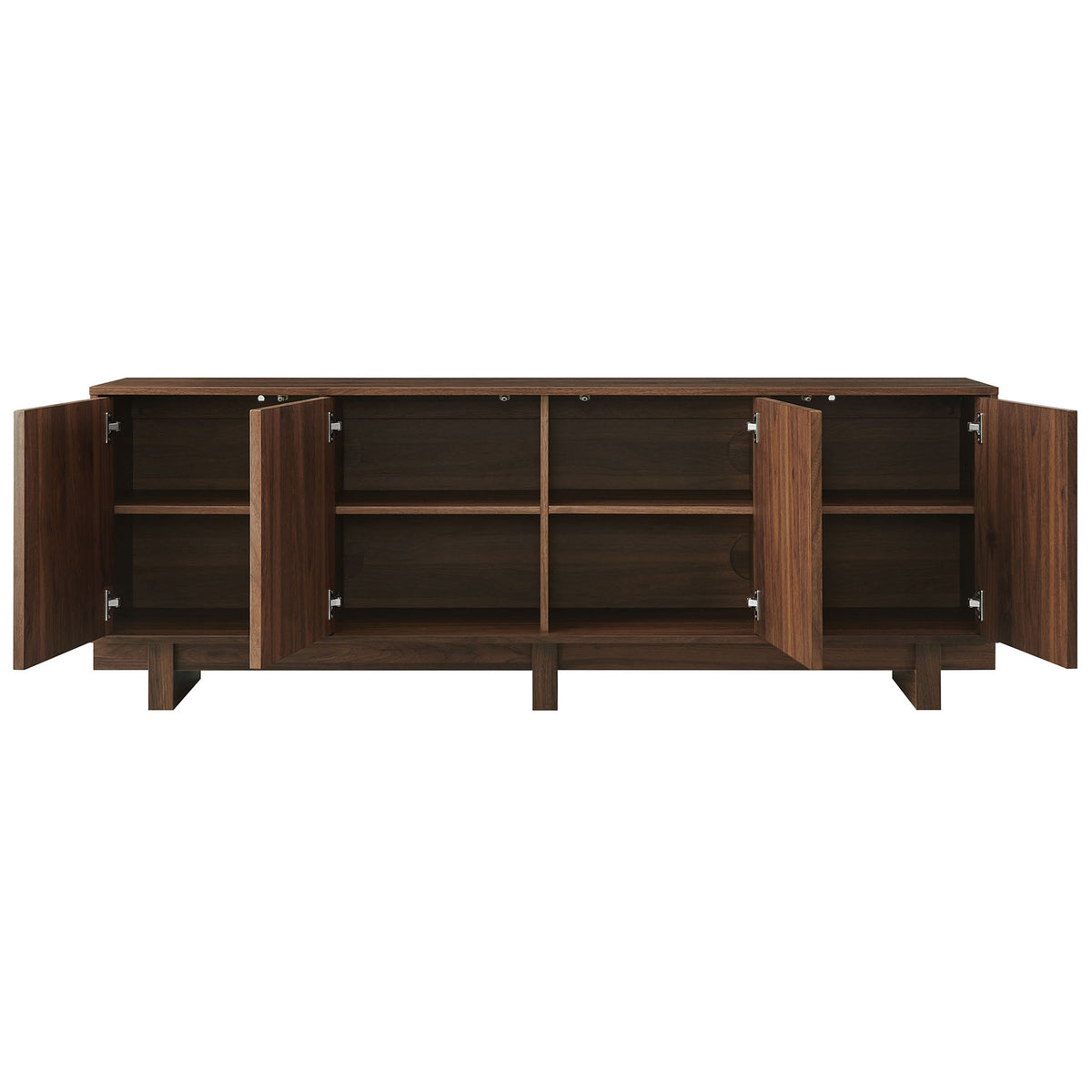 Walnut Knox TV stand with cabinet doors open, revealing roomy adjustable shelves for electronics || EEI-7450-WAL || front_open_studio