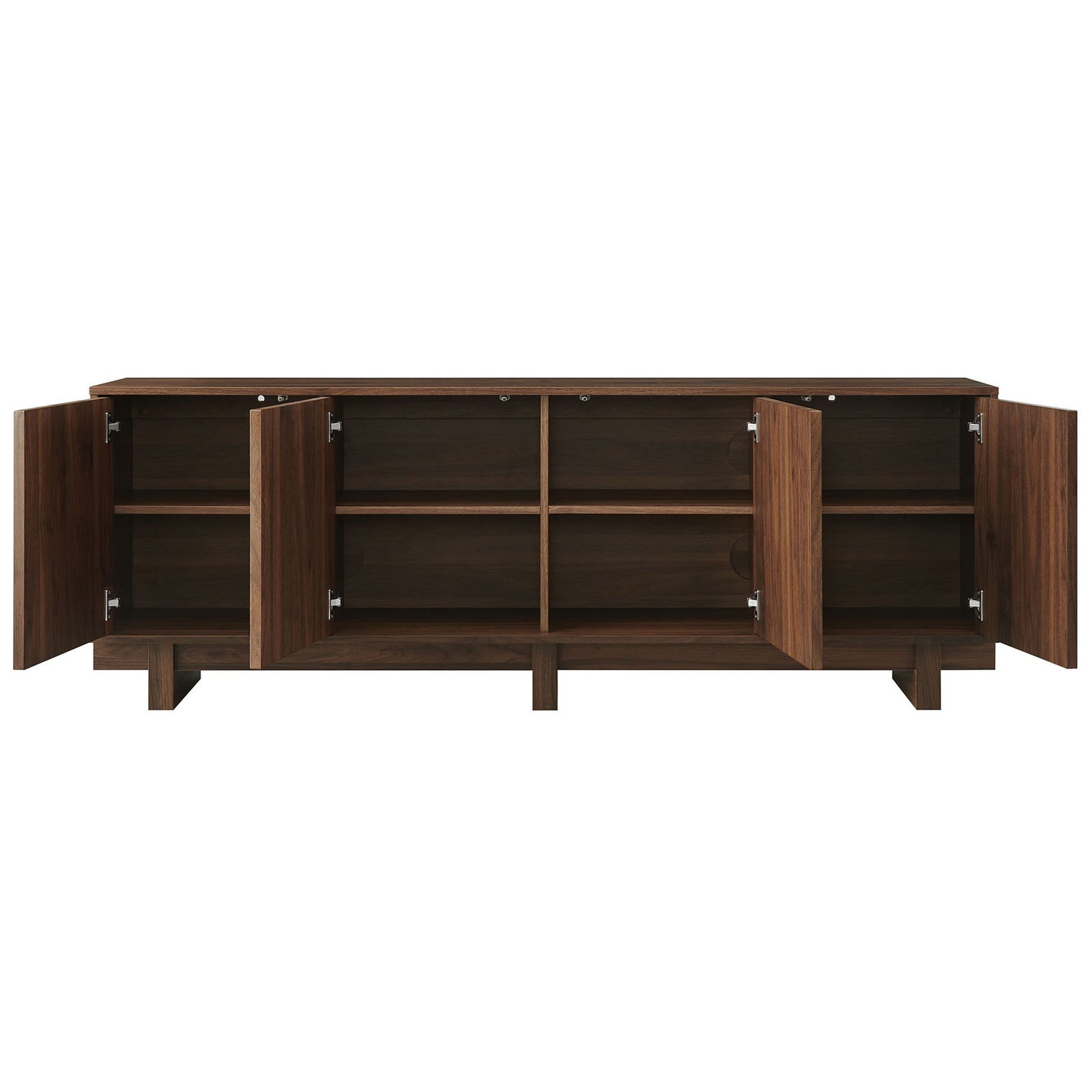 Walnut Knox TV stand with cabinet doors open, revealing roomy adjustable shelves for electronics || EEI-7450-WAL || front_open_studio