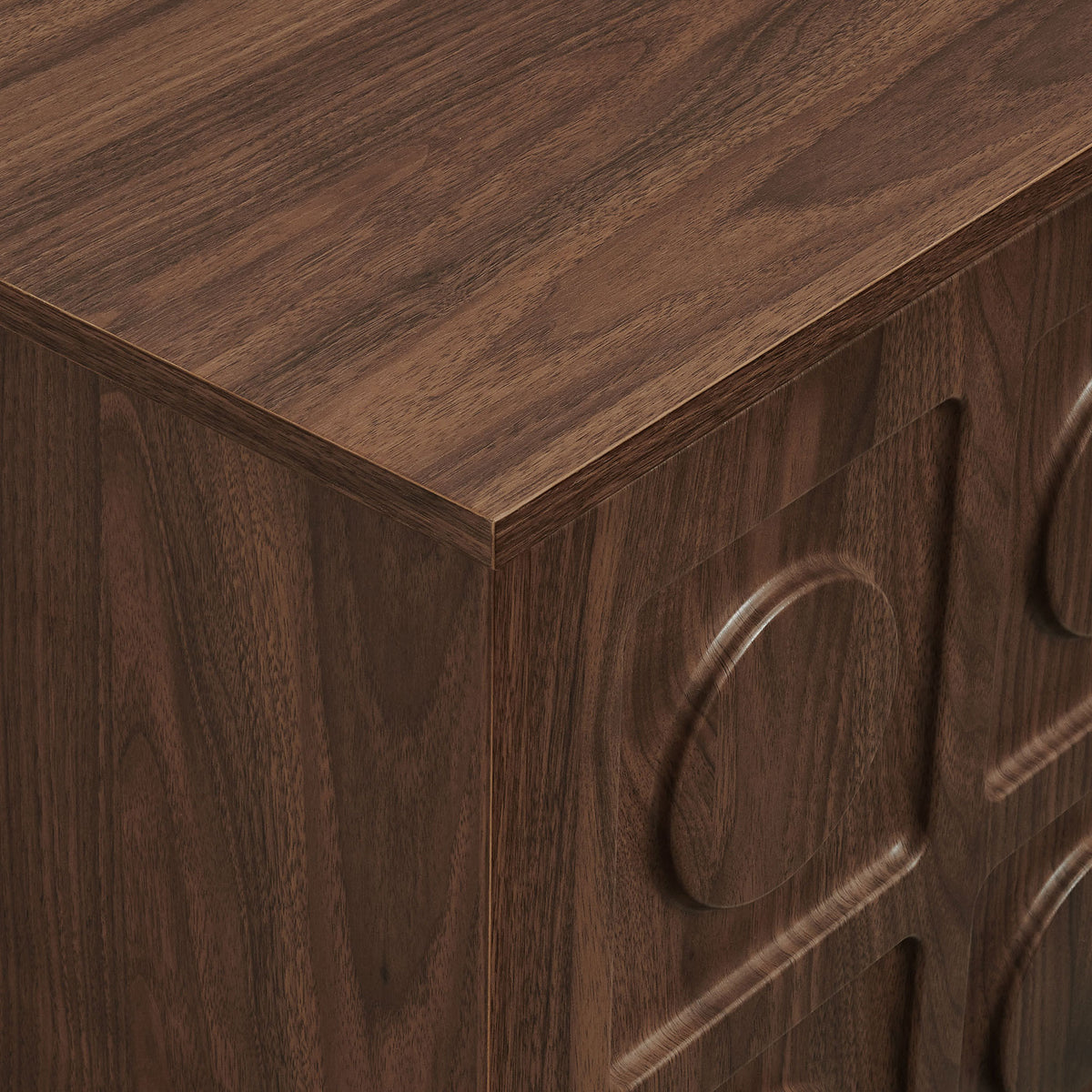 Walnut wood veneer and rounded door panel relief on Knox TV stand corner || EEI-7450-WAL || detail_studio