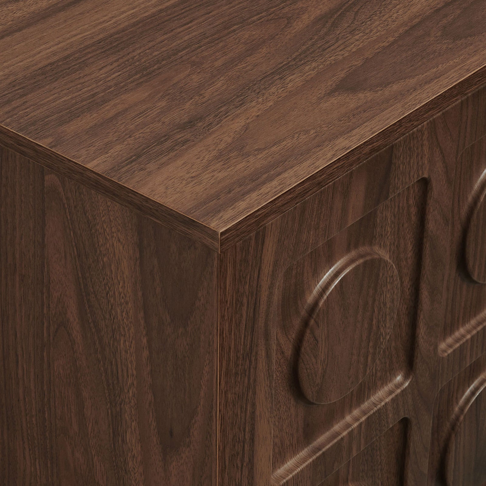 Walnut wood veneer and rounded door panel relief on Knox TV stand corner || EEI-7450-WAL || detail_studio