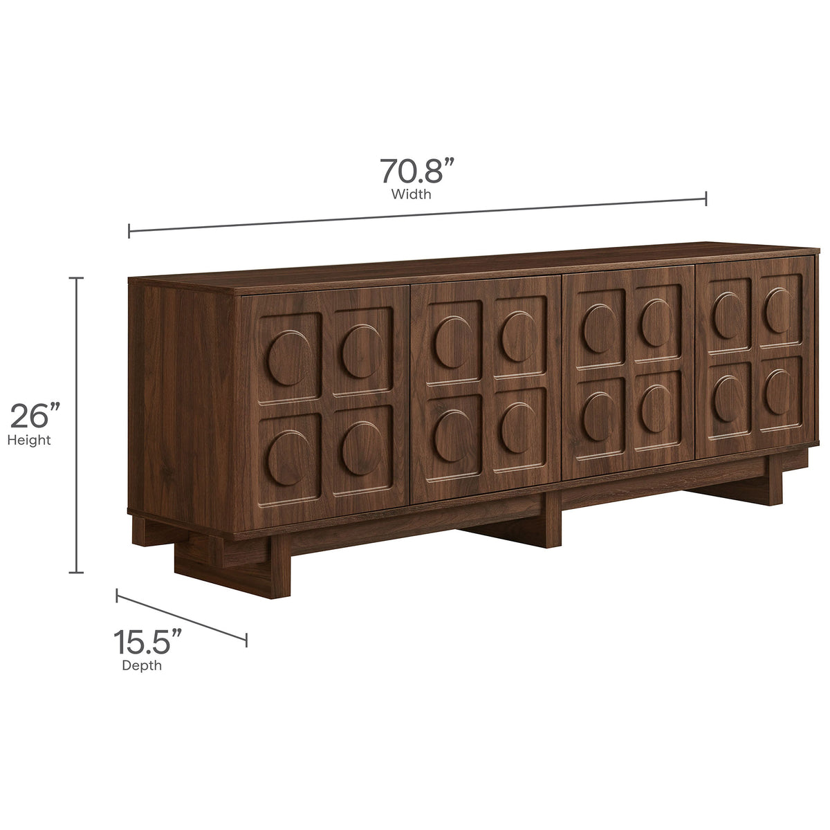 Dimension diagram of walnut Knox TV stand showing overall width, height, and depth measurements || EEI-7450-WAL || dimension_studio