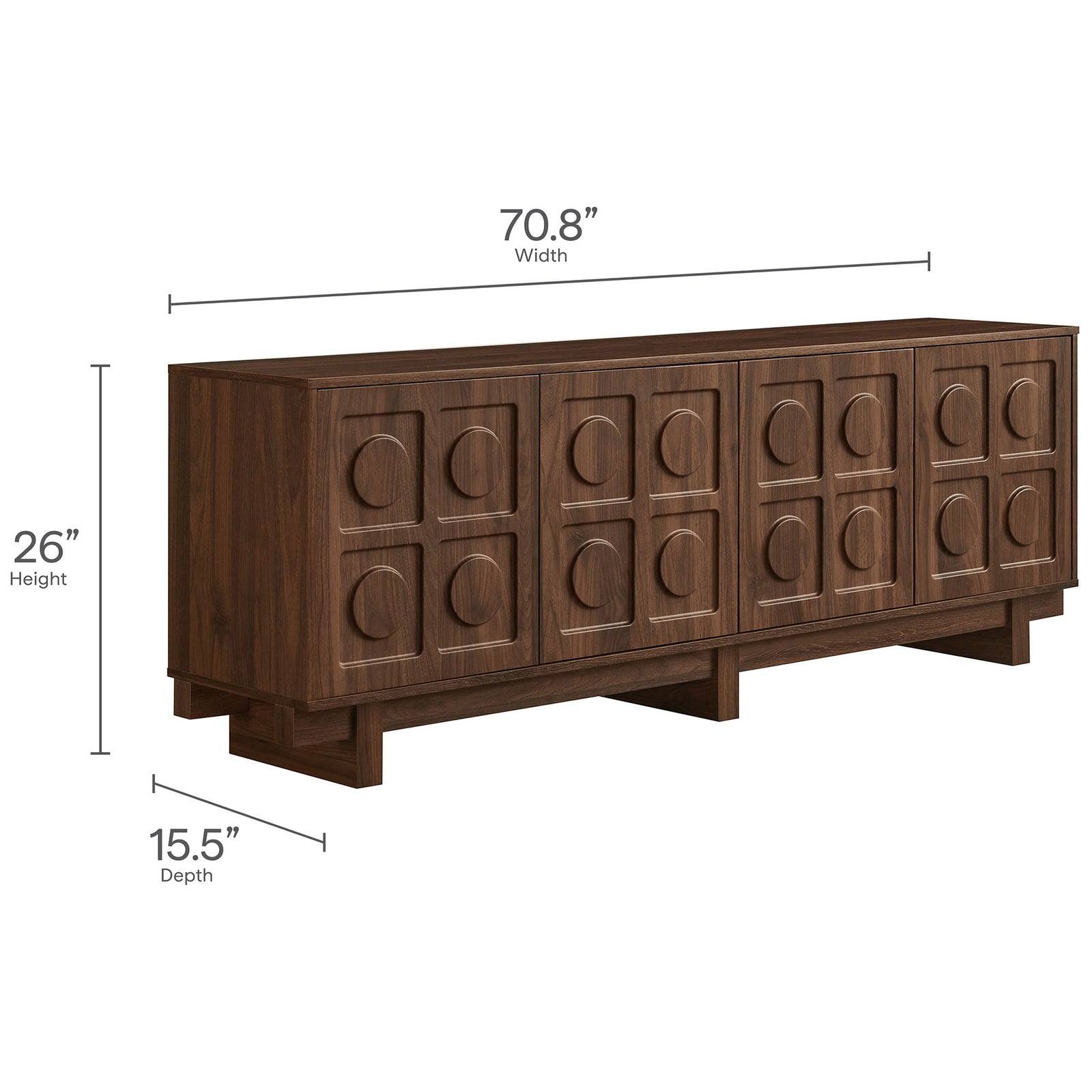 Dimension diagram of walnut Knox TV stand showing overall width, height, and depth measurements || EEI-7450-WAL || dimension_studio
