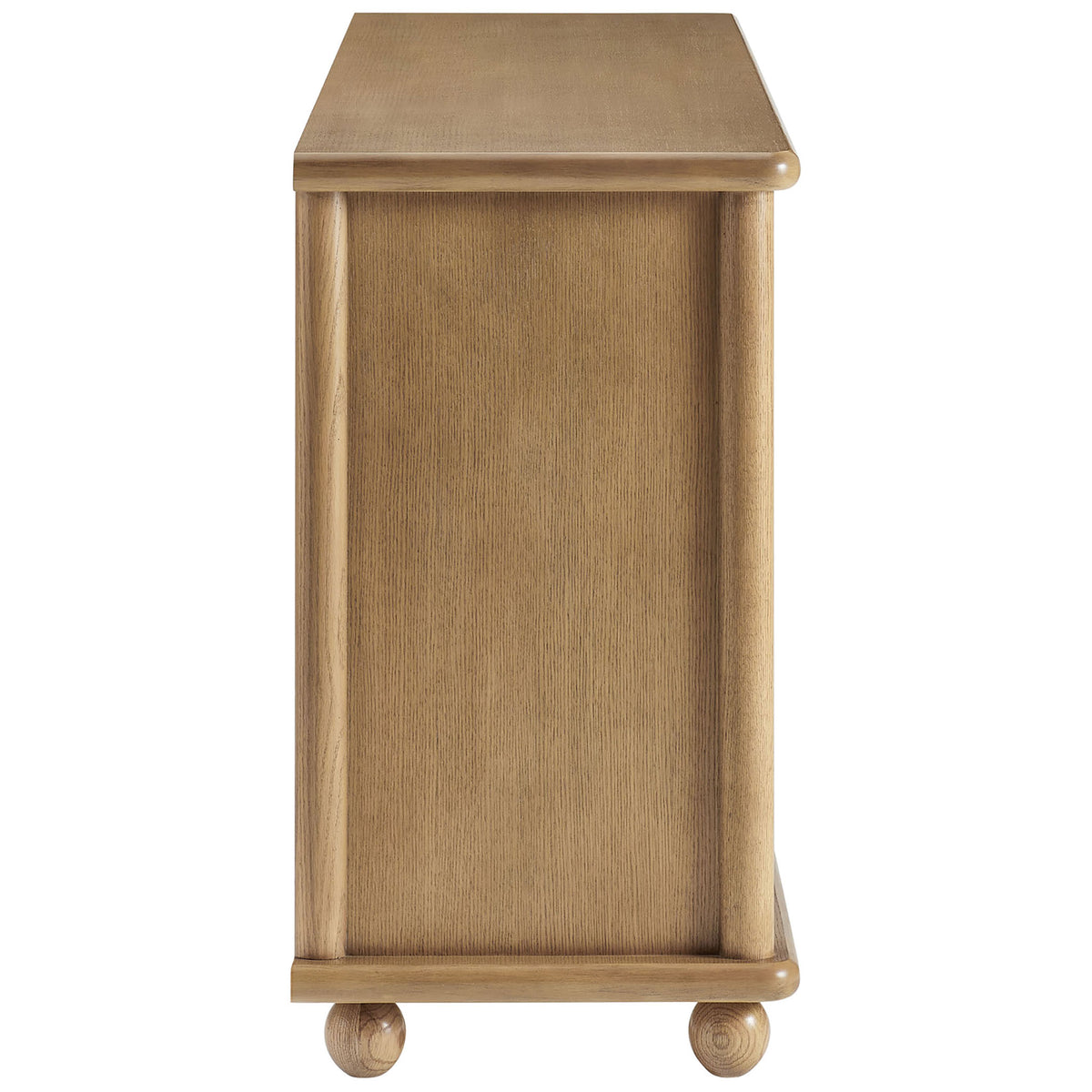 Slim oak cabinet design with smooth rounded corners, ball legs, and rich wood grain detail || EEI-7451-OAK || side_studio